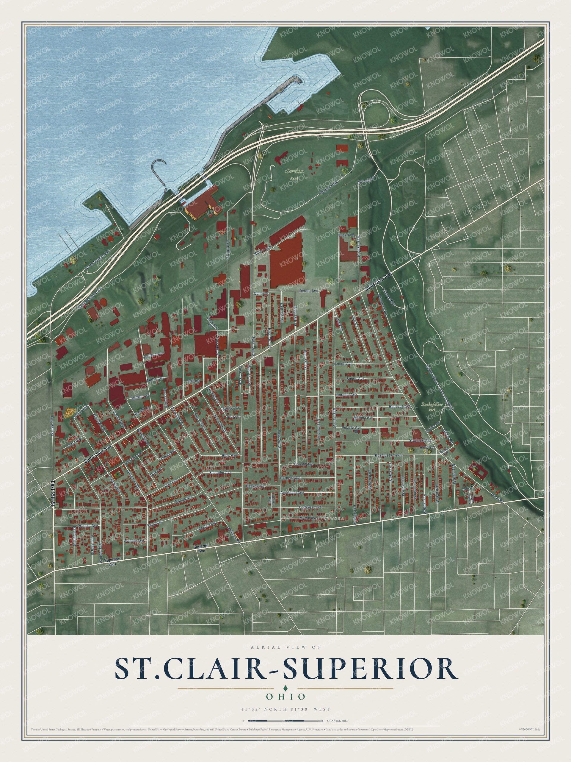 Full map of St.Clair-Superior, Ohio, with red buildings, printed street names and the land around them