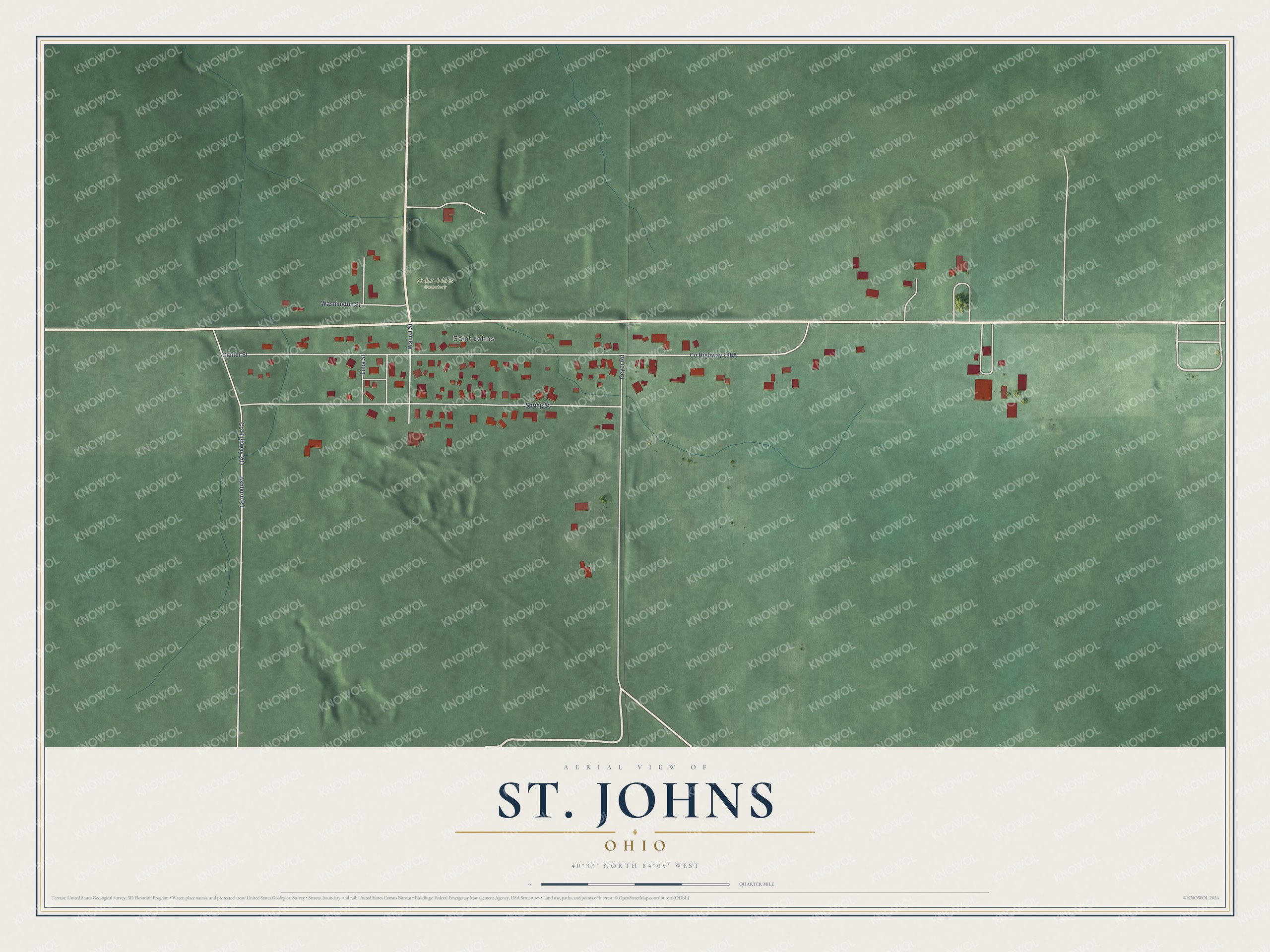 Full map of St. Johns, Ohio, with red buildings, printed street names and the land around them