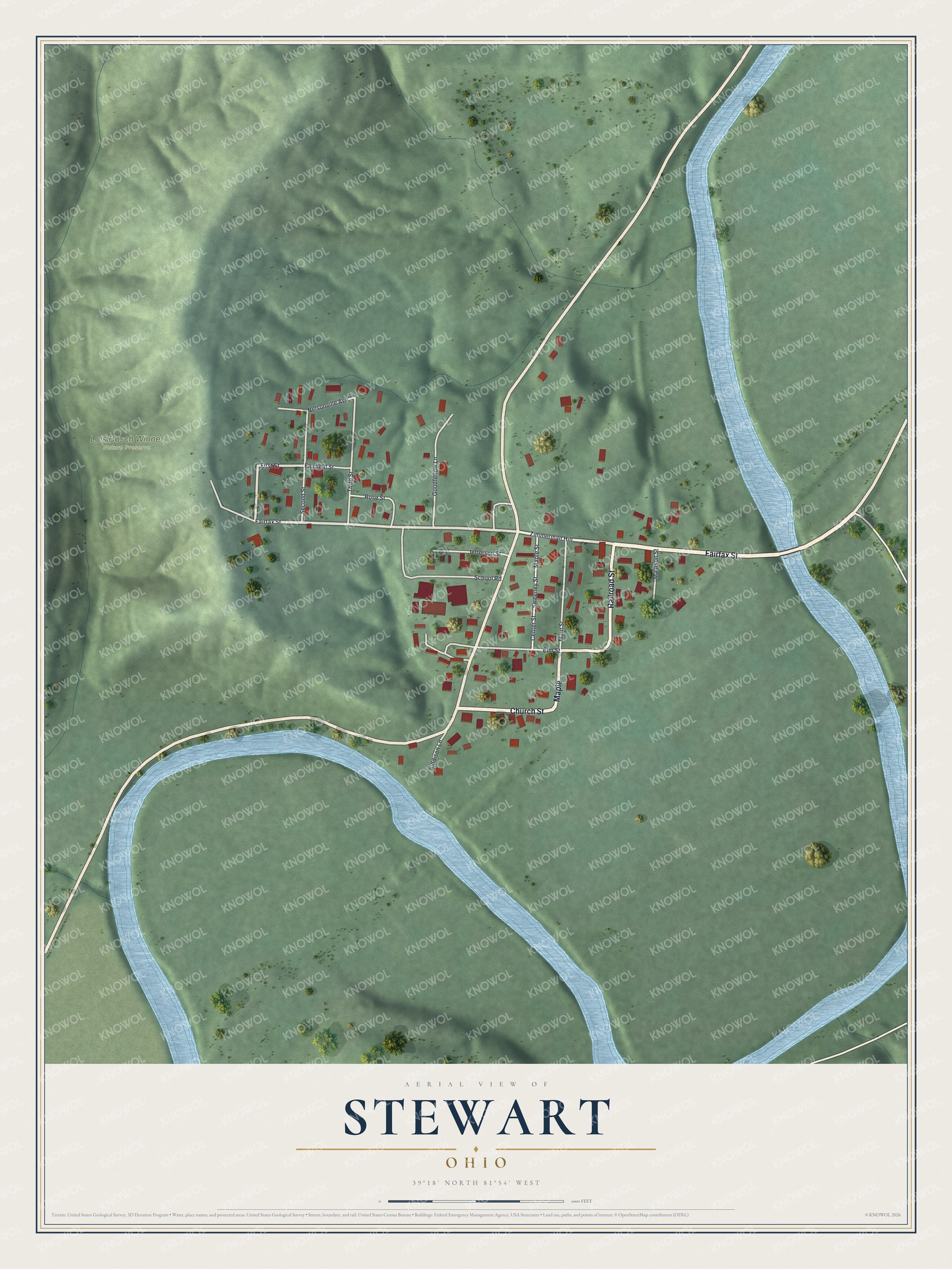 Full map of Stewart, Ohio, with red buildings, printed street names and the land around them