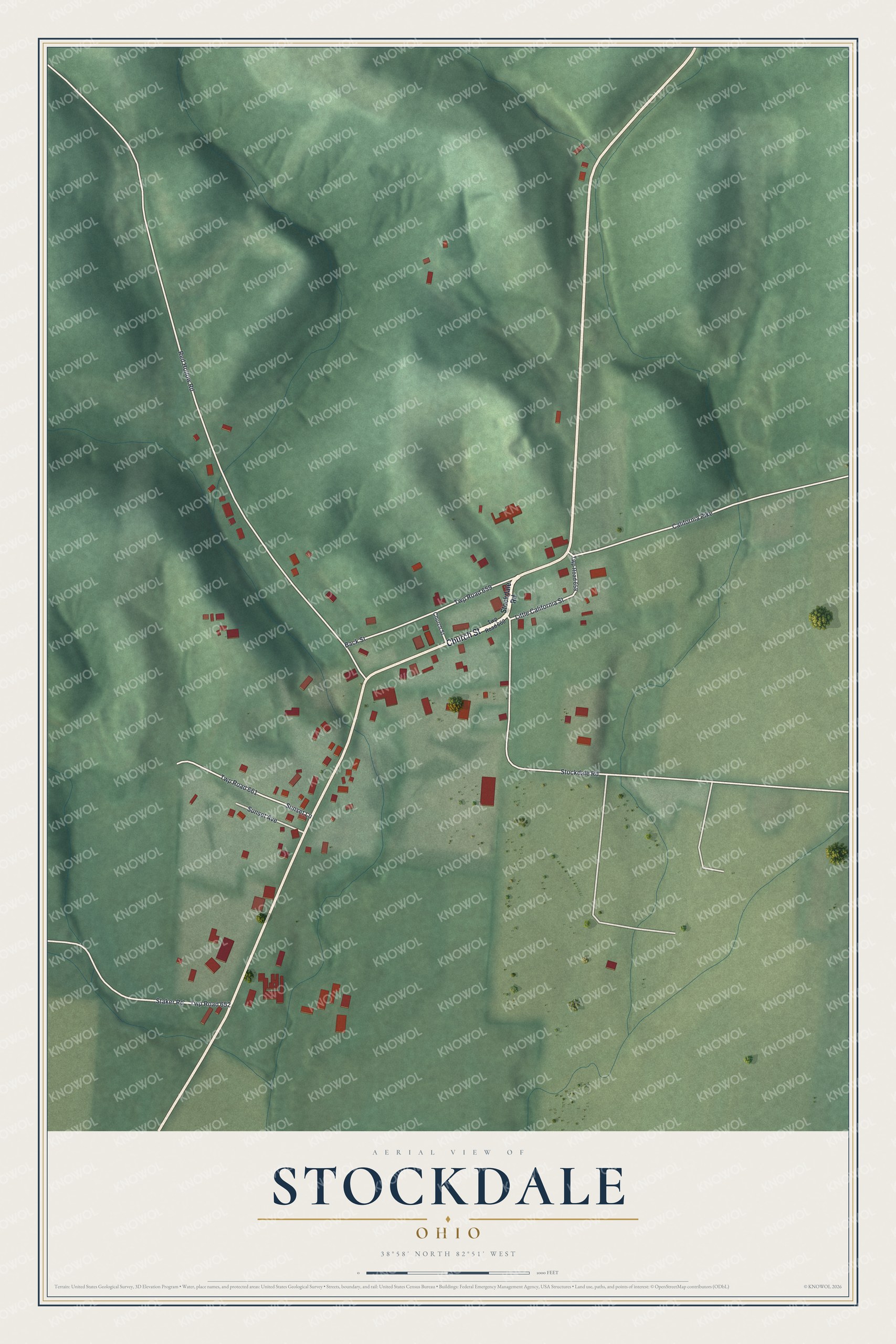 Full map of Stockdale, Ohio, with red buildings, printed street names and the land around them