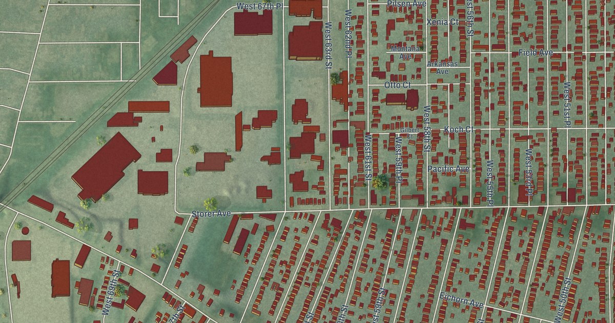 Close-up of streets and buildings in Stockyards, Ohio