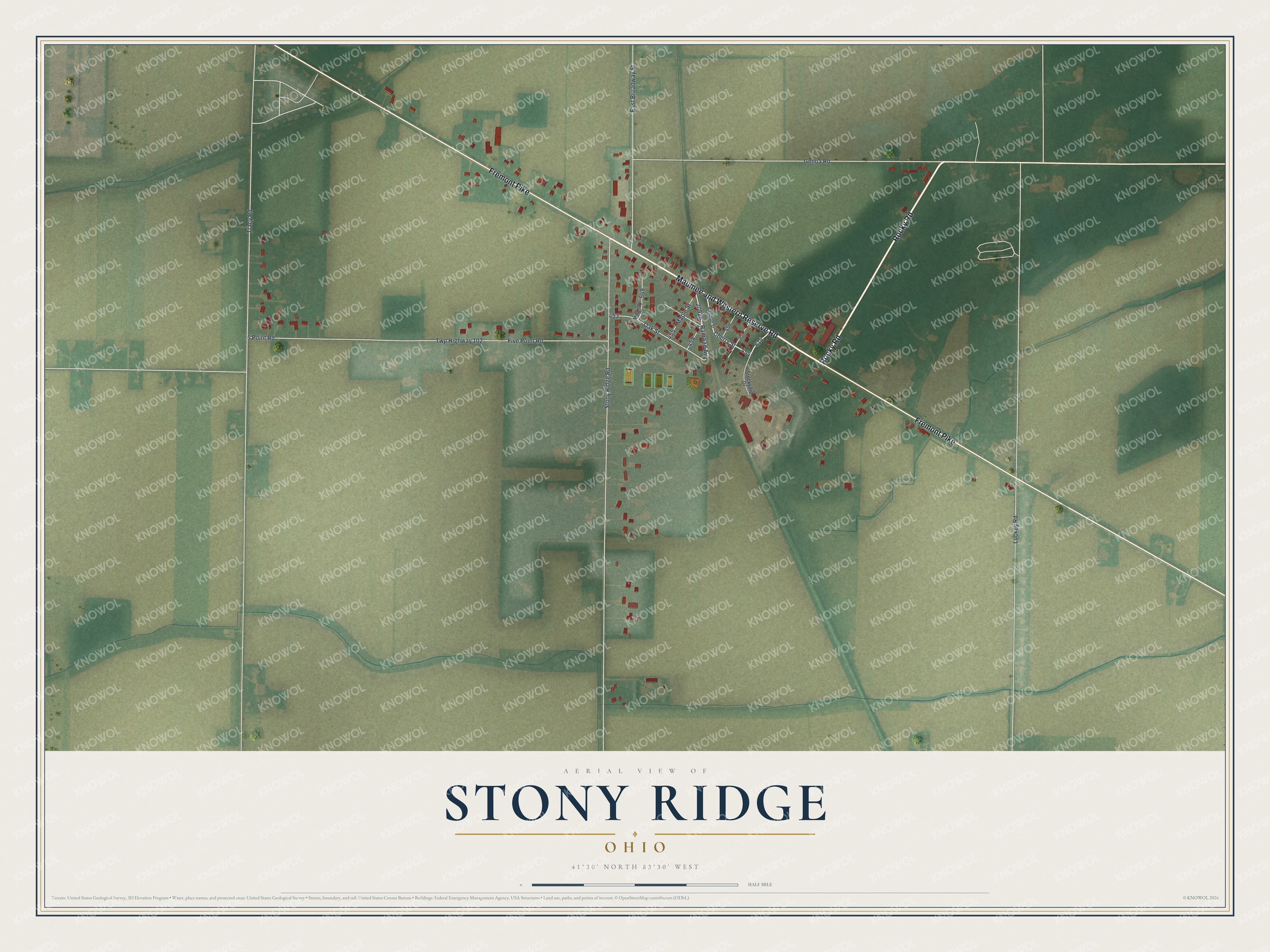 Full map of Stony Ridge, Ohio, with red buildings, printed street names and the land around them