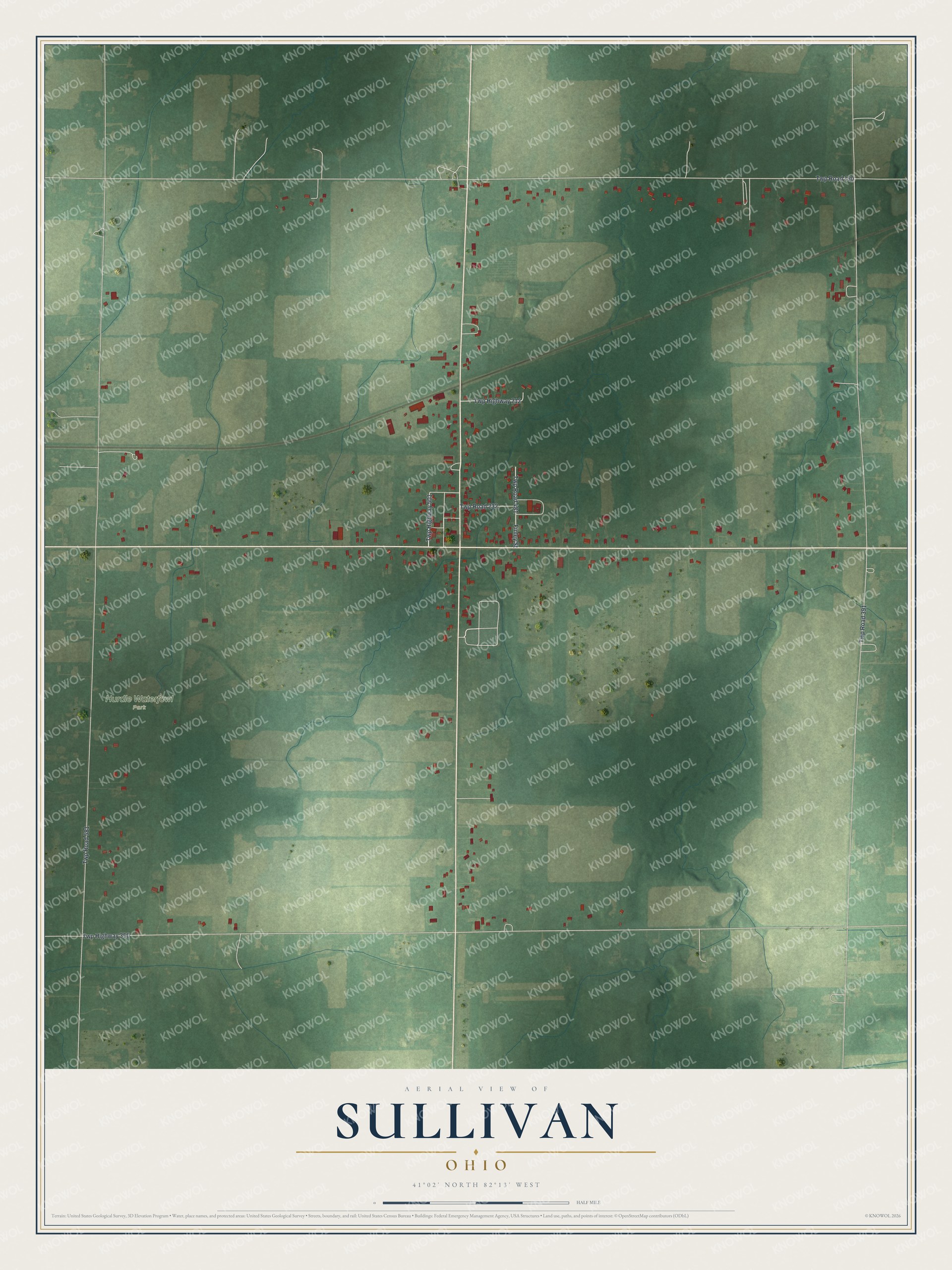 Full map of Sullivan, Ohio, with red buildings, printed street names and the land around them