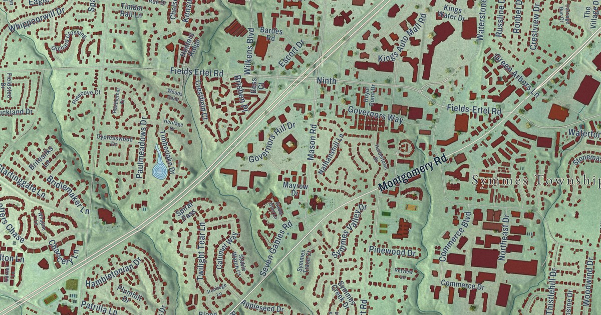 Close-up of streets and buildings in Sycamore, Hamilton County, Ohio