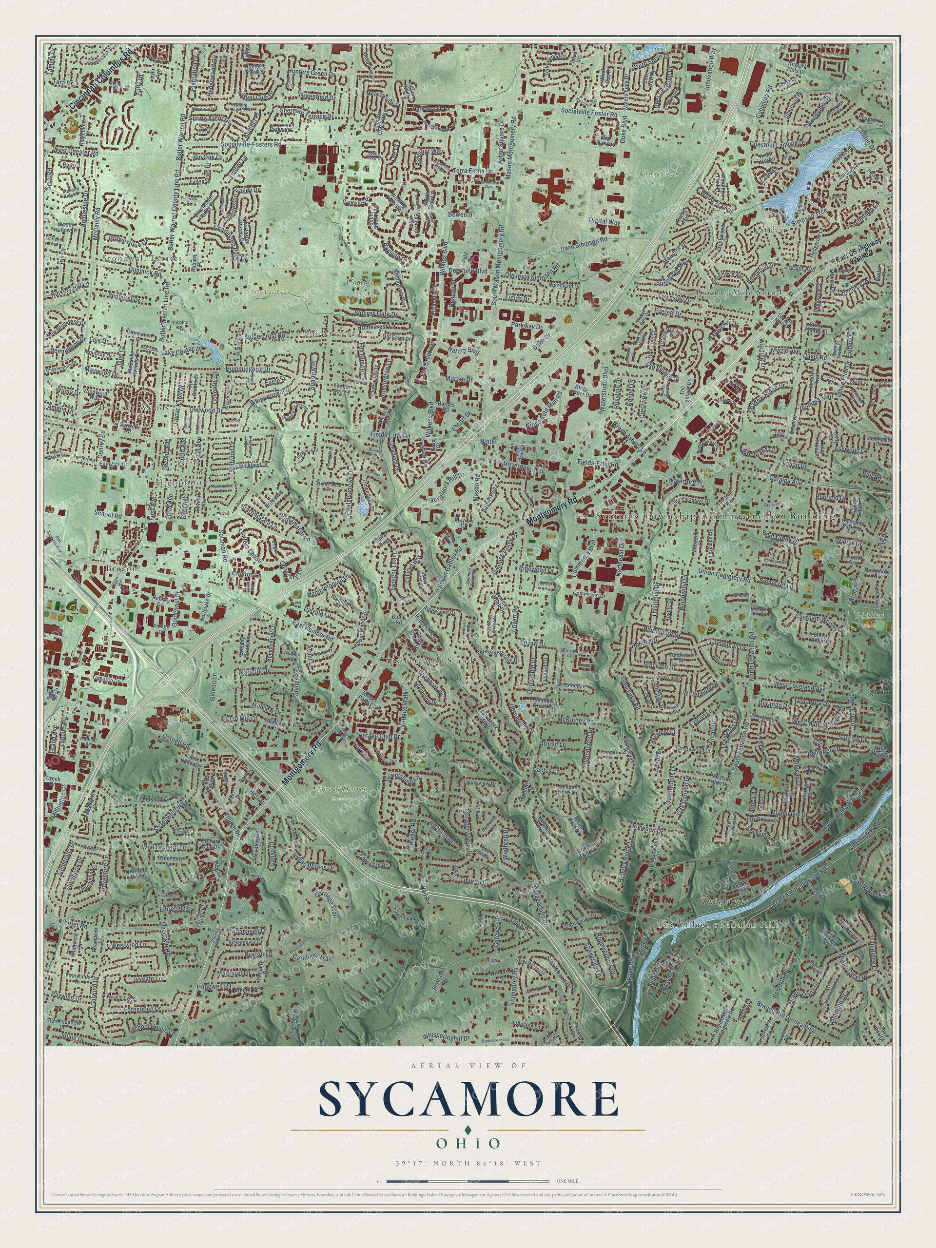 Full map of Sycamore, Ohio, with red buildings, printed street names and the land around them
