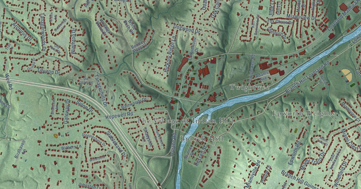 Close-up of streets and buildings in Symmes, Ohio