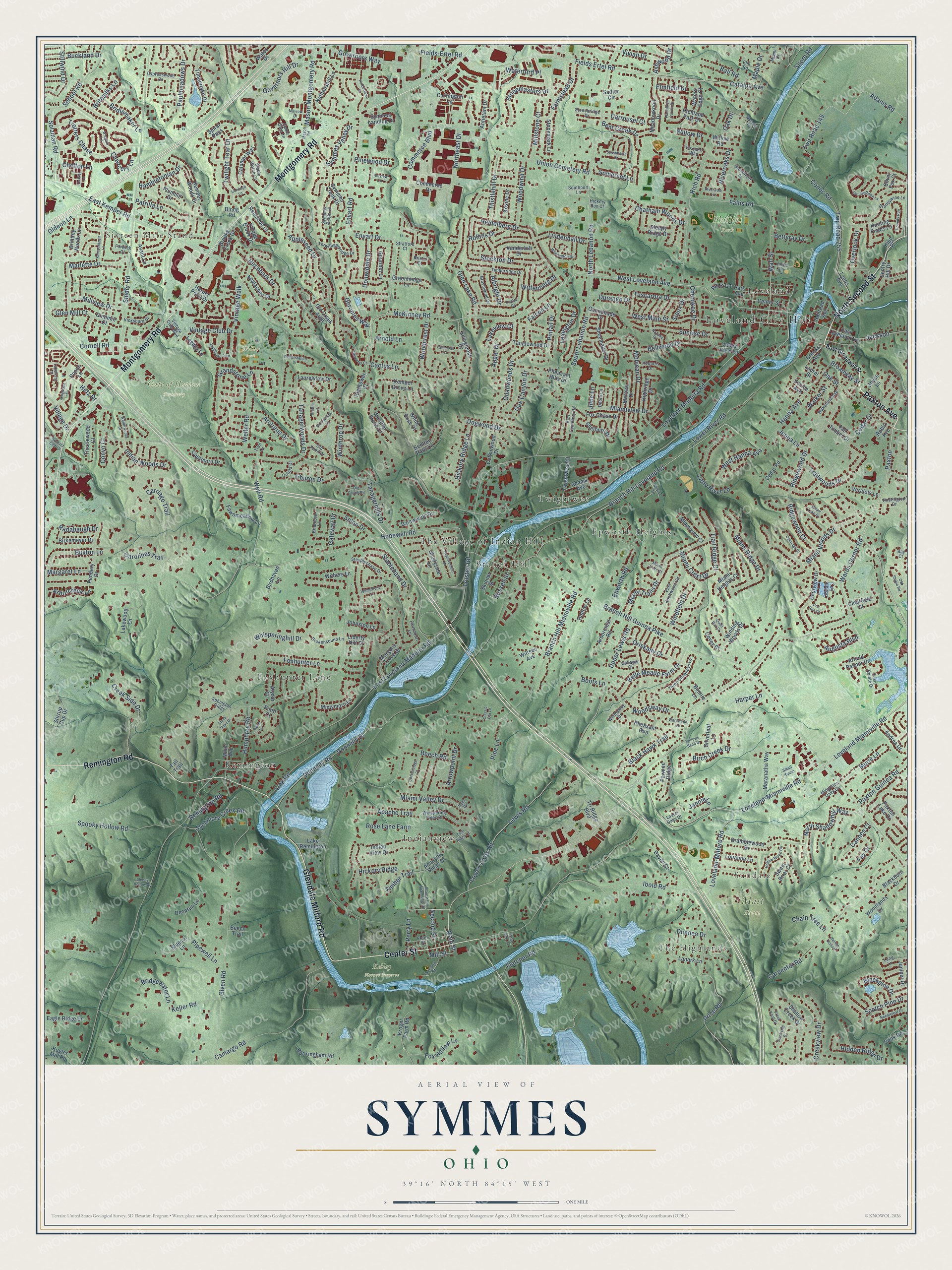 Full map of Symmes, Ohio, with red buildings, printed street names and the land around them