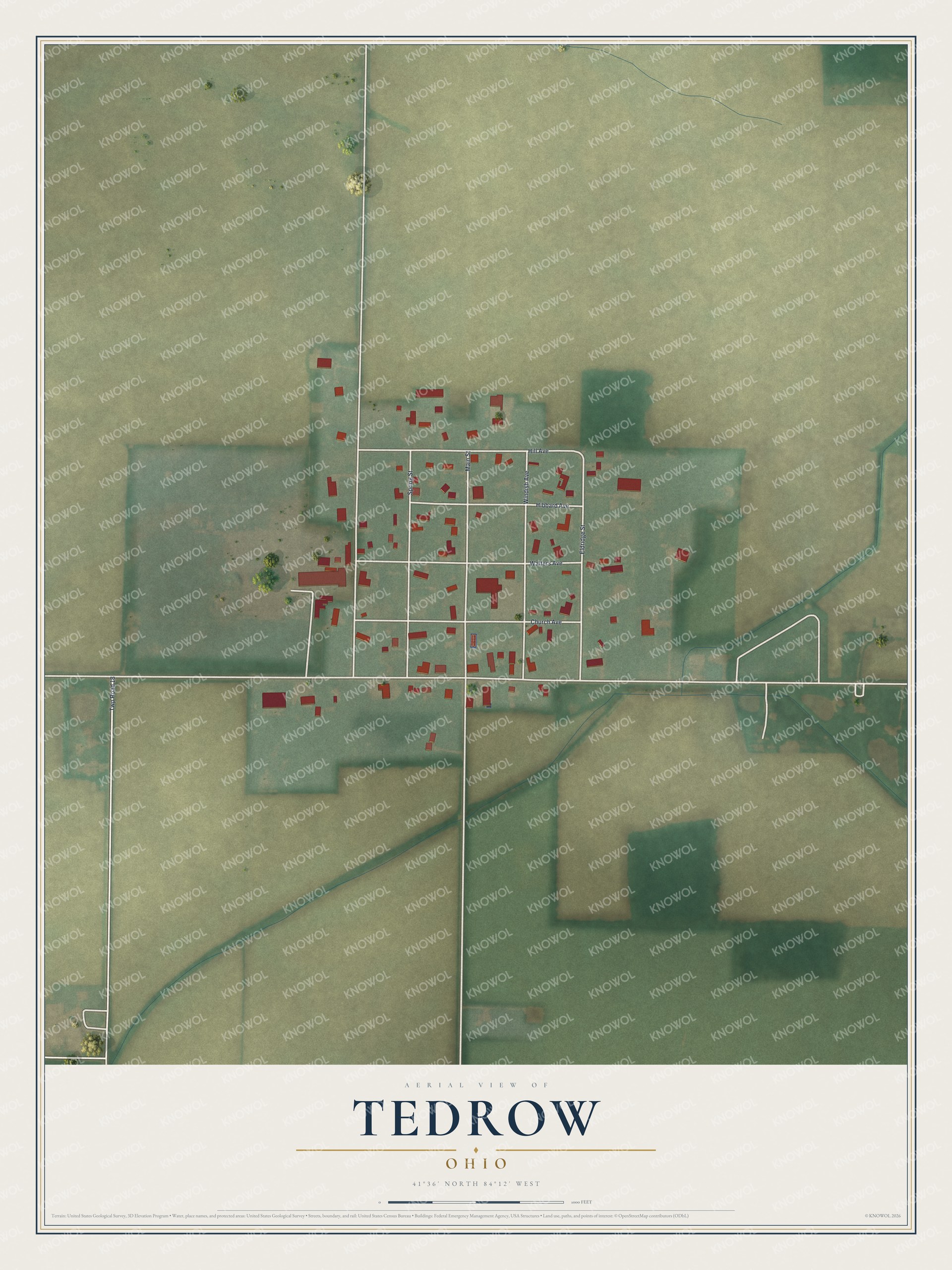 Full map of Tedrow, Ohio, with red buildings, printed street names and the land around them