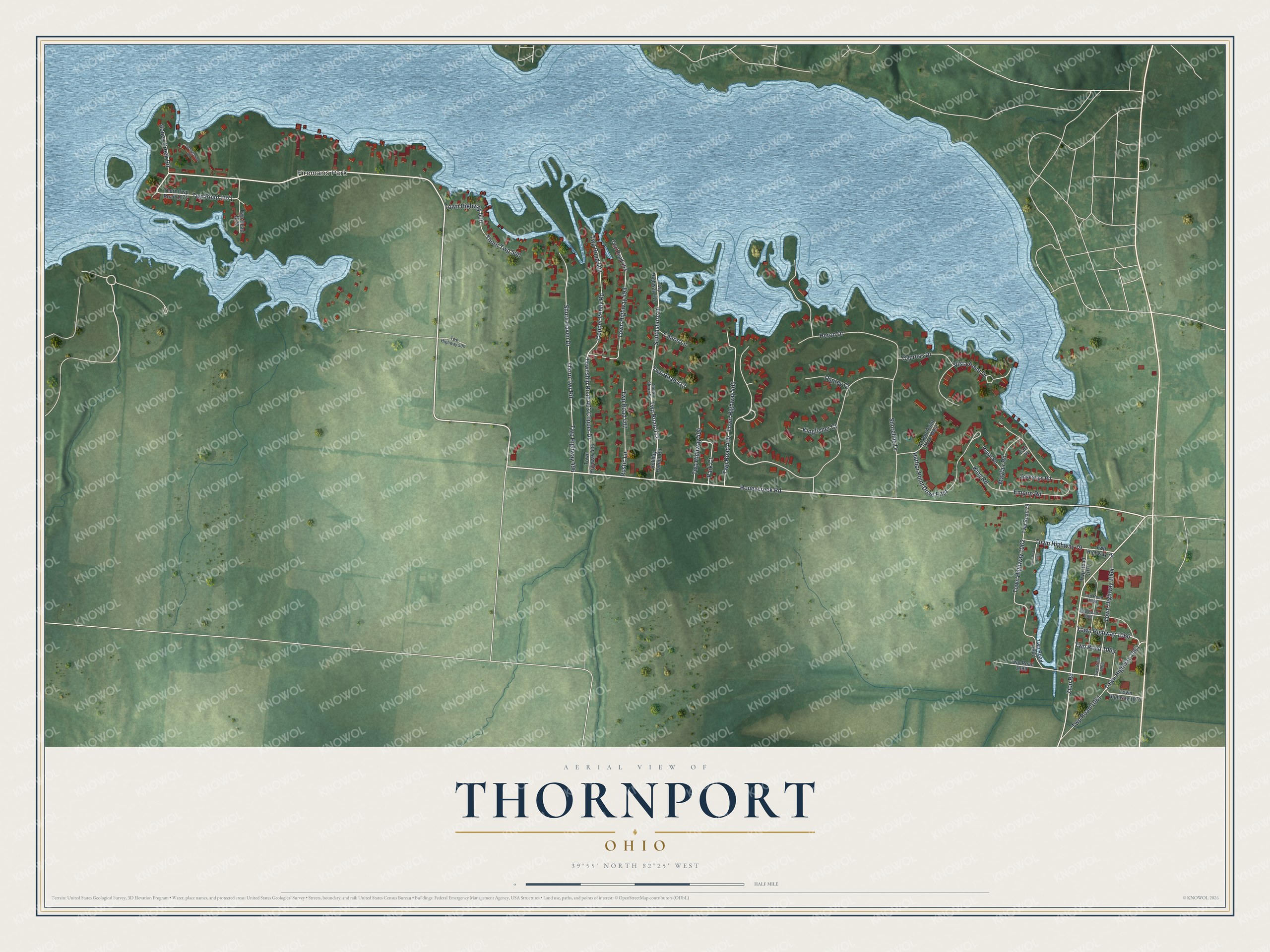 Full map of Thornport, Ohio, with red buildings, printed street names and the land around them