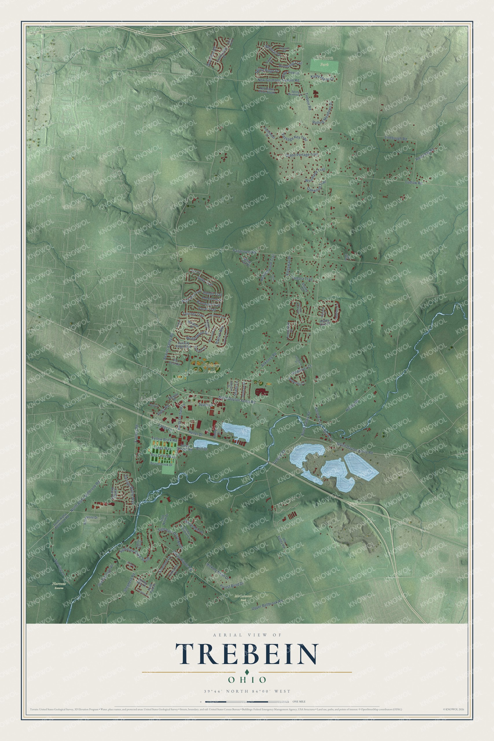 Full map of Trebein, Ohio, with red buildings, printed street names and the land around them