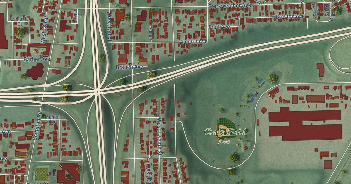 Close-up of streets and buildings in Tremont, Ohio