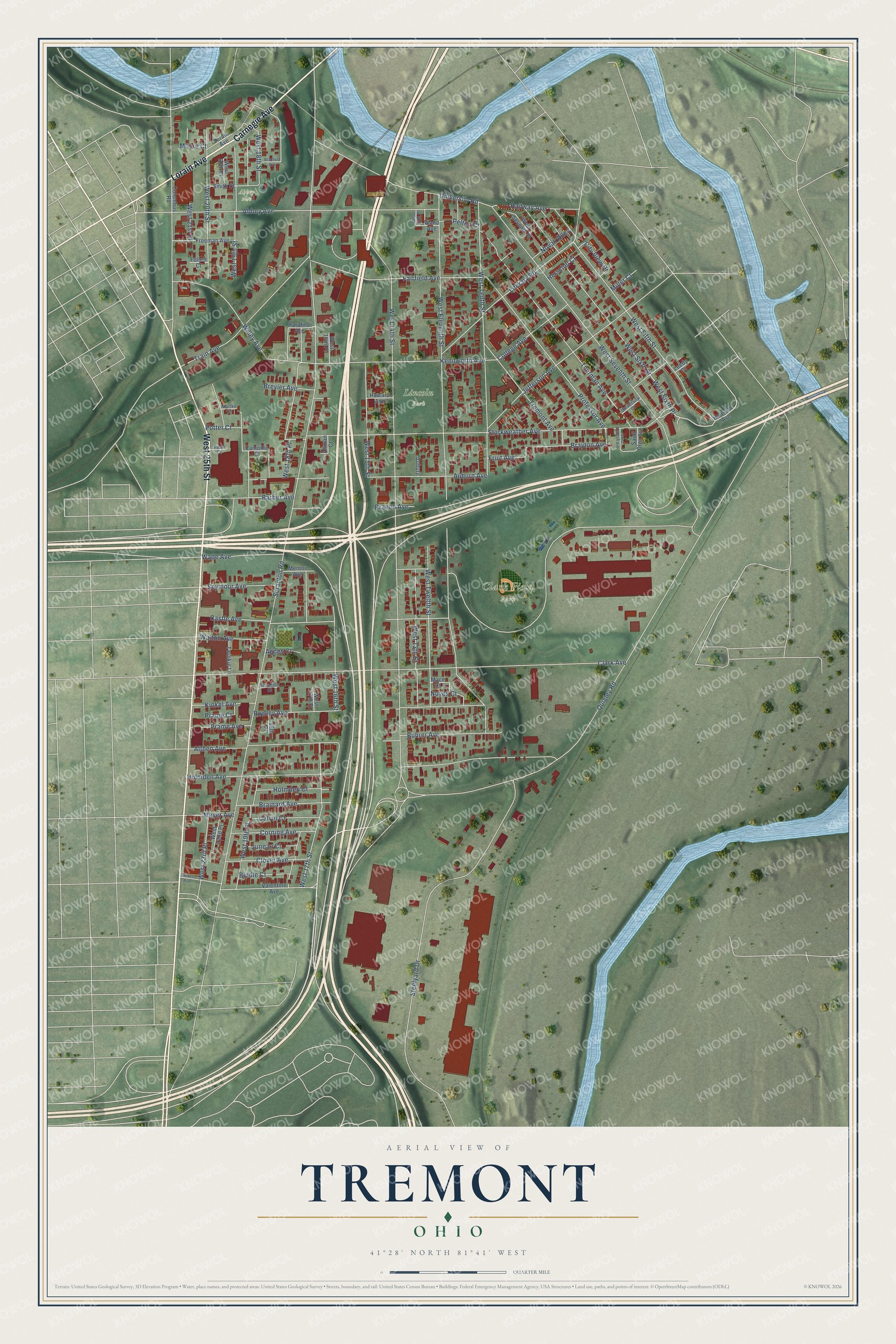 Full map of Tremont, Ohio, with red buildings, printed street names and the land around them