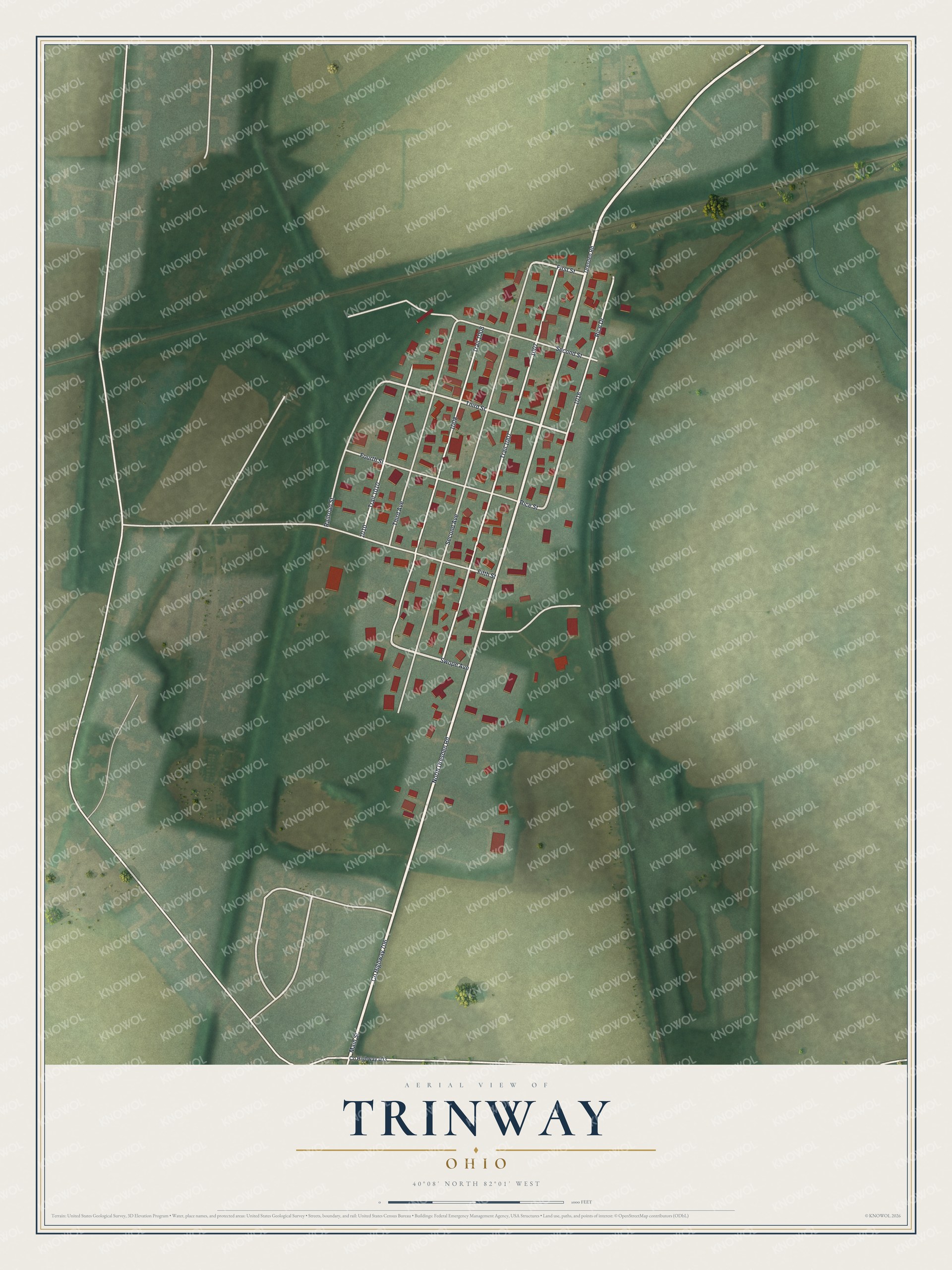 Full map of Trinway, Ohio, with red buildings, printed street names and the land around them