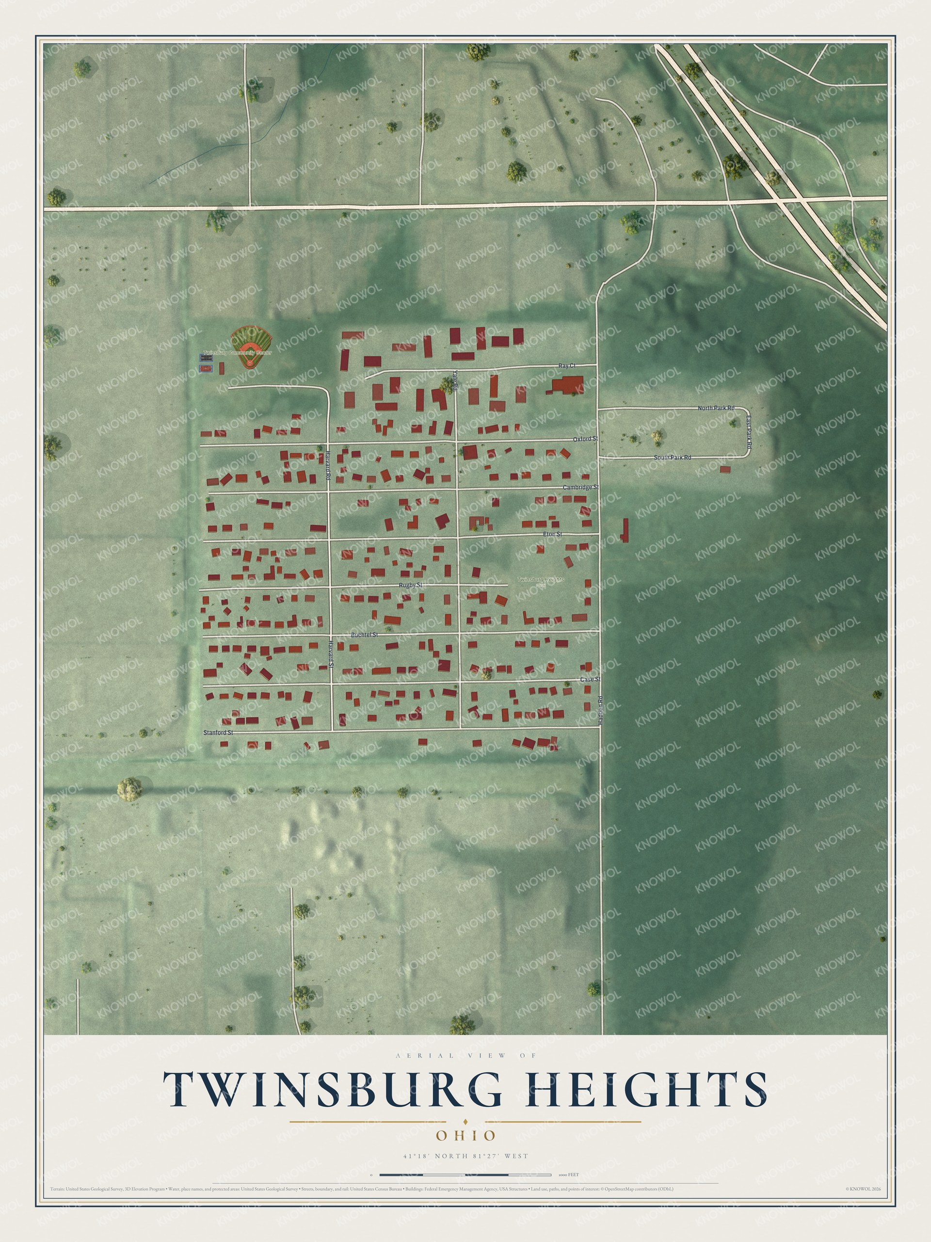 Full map of Twinsburg Heights, Ohio, with red buildings, printed street names and the land around them