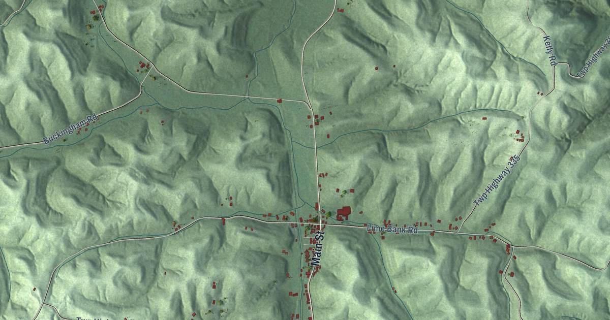 Close-up of streets and buildings in Union Furnace, Ohio