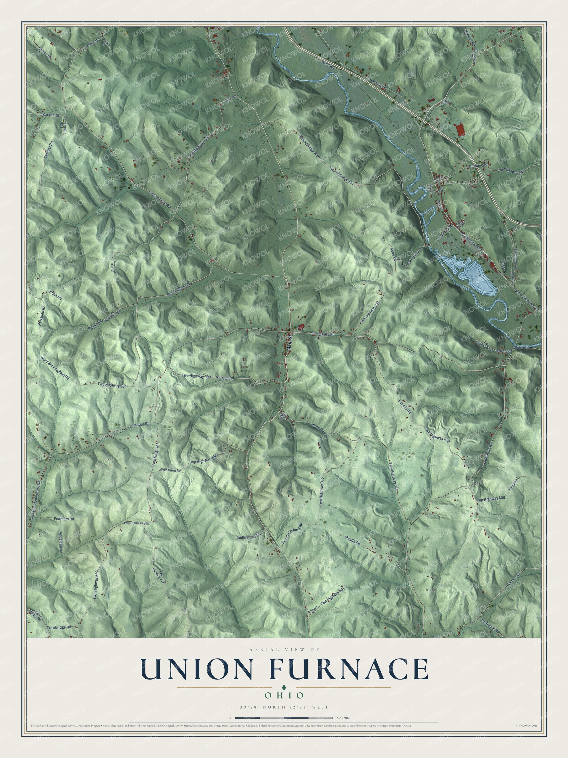 Full map of Union Furnace, Ohio, with red buildings, printed street names and the land around them