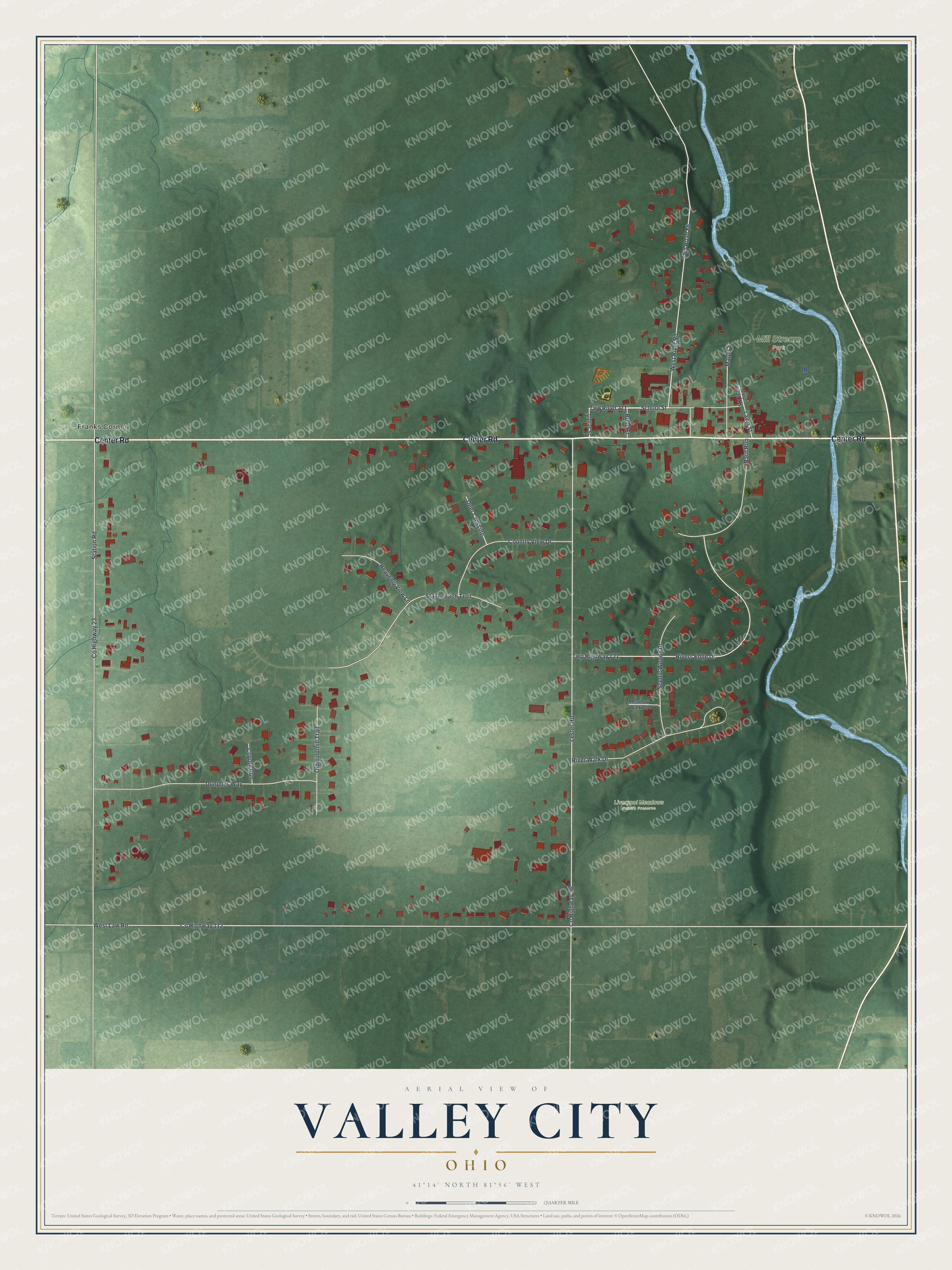 Full map of Valley City, Ohio, with red buildings, printed street names and the land around them