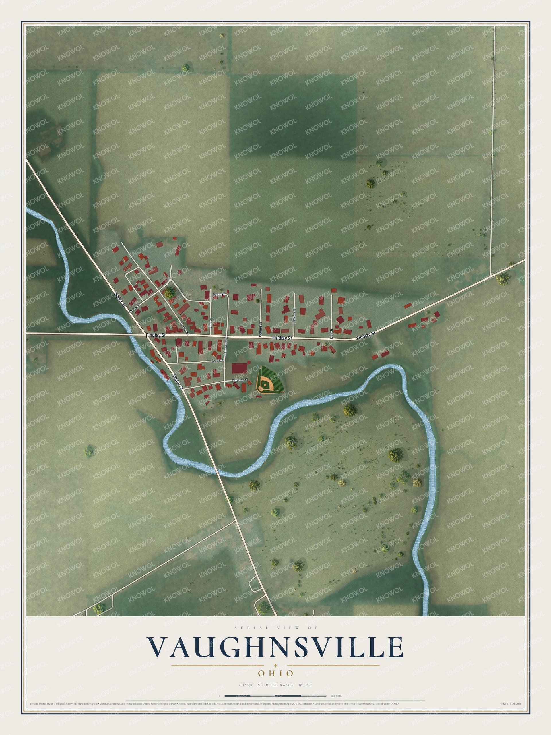 Full map of Vaughnsville, Ohio, with red buildings, printed street names and the land around them