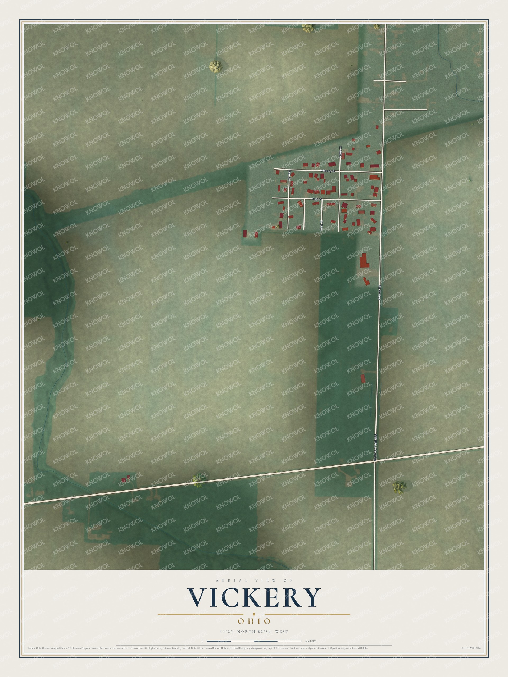 Full map of Vickery, Ohio, with red buildings, printed street names and the land around them