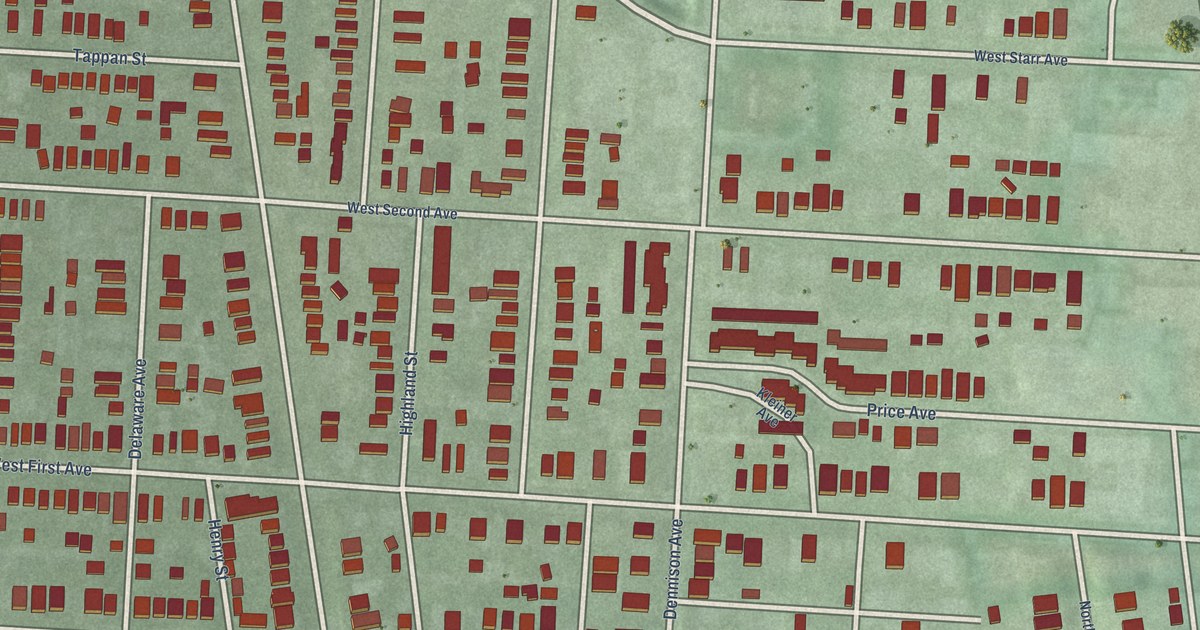 Close-up of streets and buildings in Victorian Village, Ohio