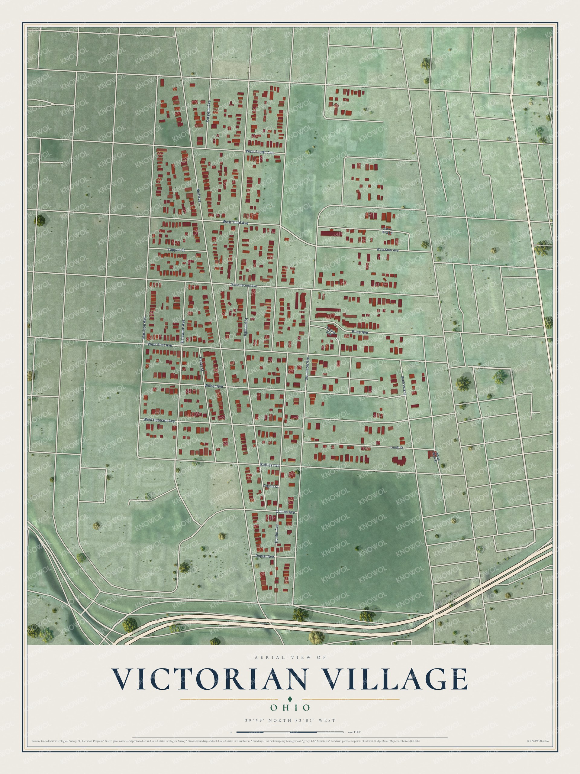 Full map of Victorian Village, Ohio, with red buildings, printed street names and the land around them