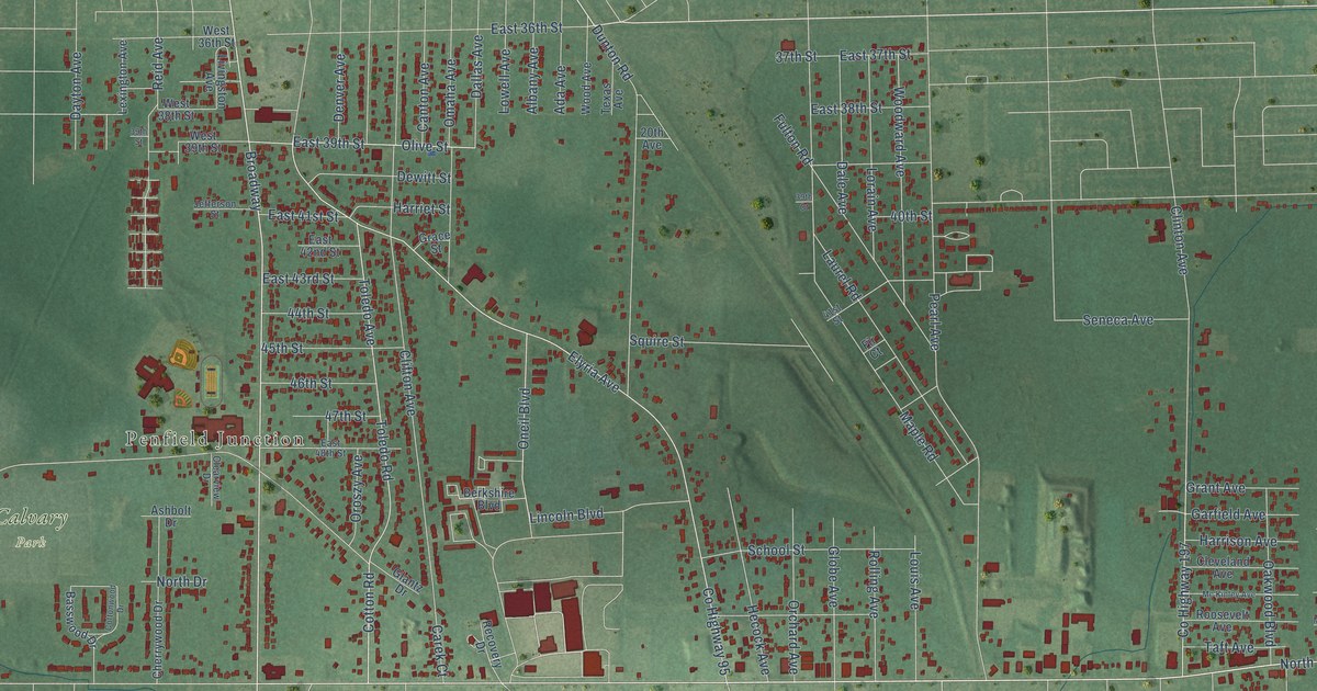 Close-up of streets and buildings in Vincent, Lorain County, Ohio