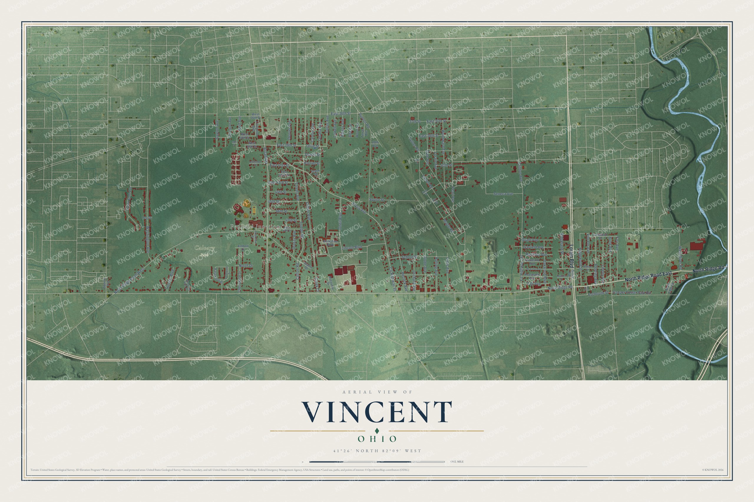 Full map of Vincent, Ohio, with red buildings, printed street names and the land around them
