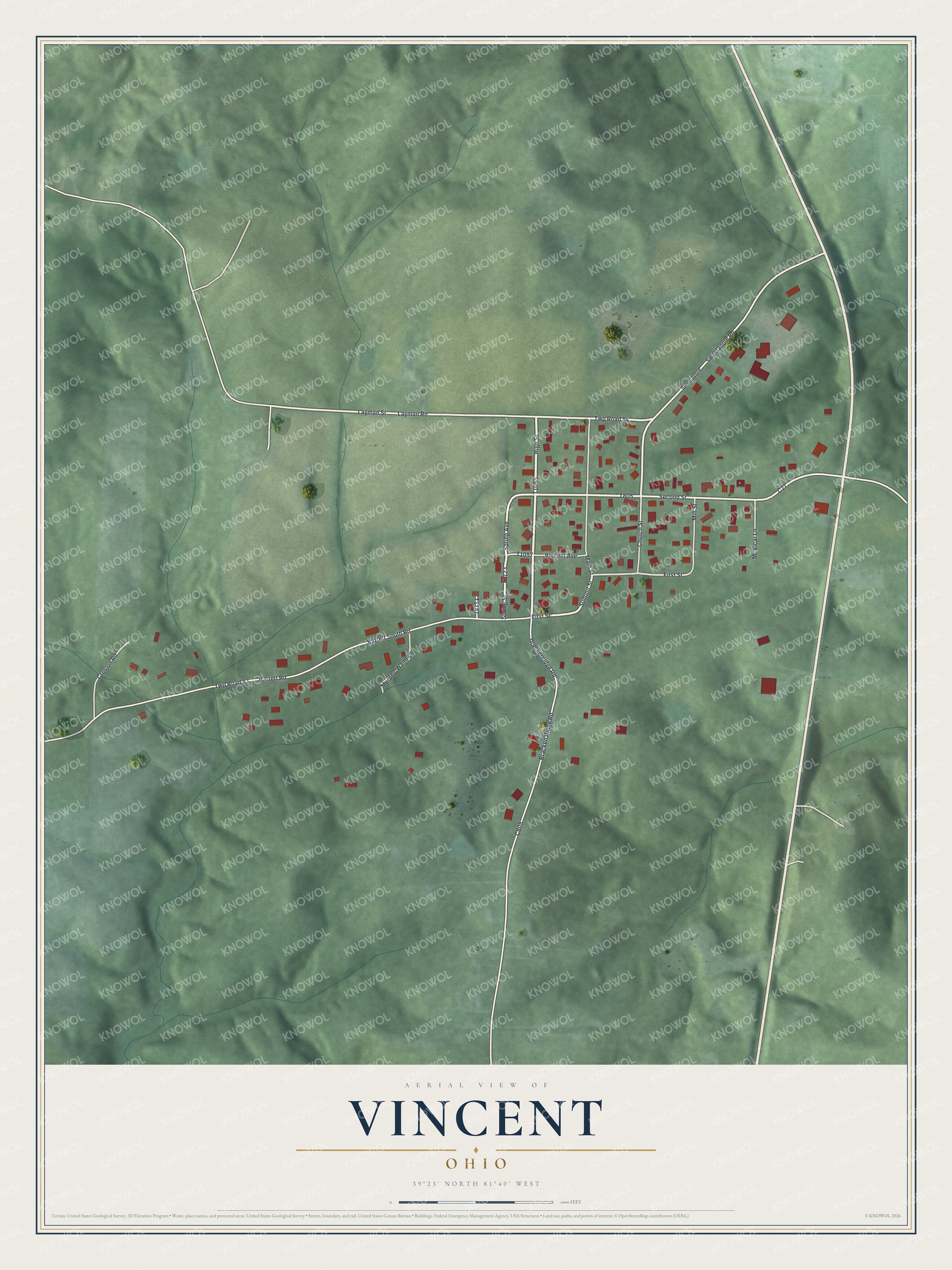 Full map of Vincent, Ohio, with red buildings, printed street names and the land around them