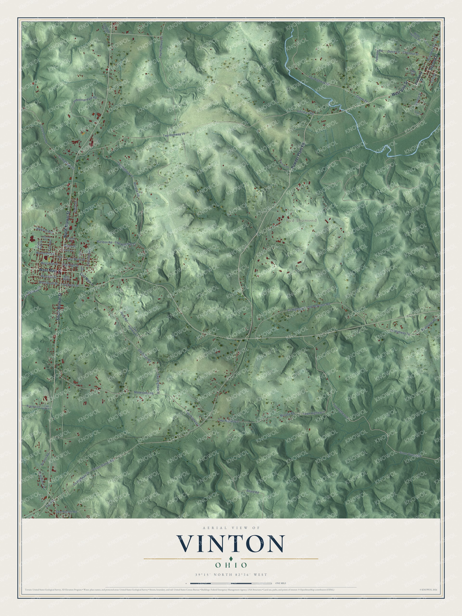Full map of Vinton, Ohio, with red buildings, printed street names and the land around them