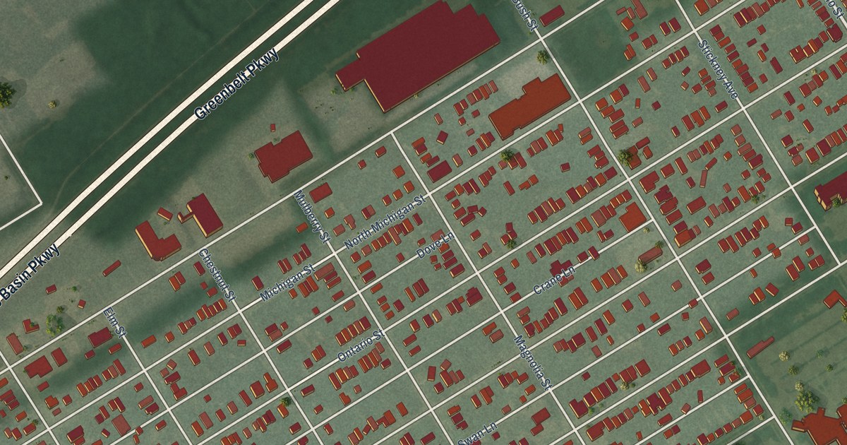 Close-up of streets and buildings in Vistula, Ohio