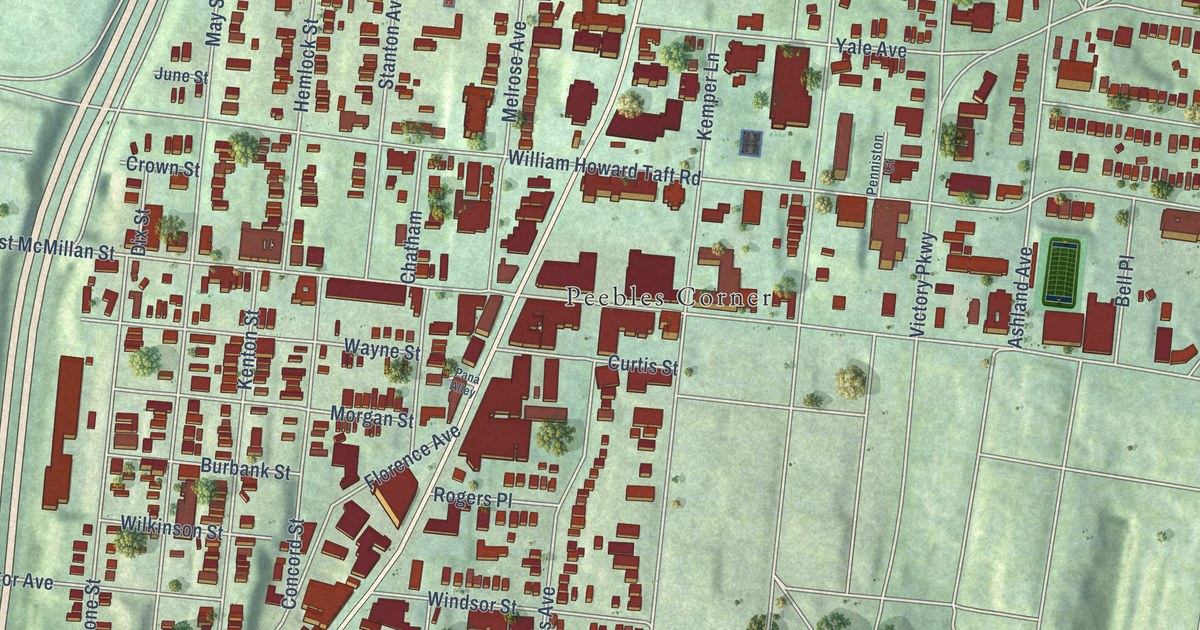 Close-up of streets and buildings in Walnut Hills, Ohio