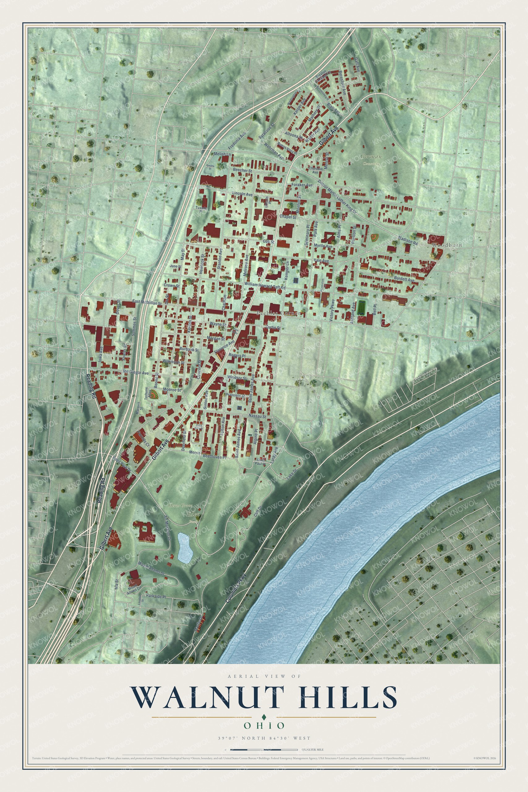 Full map of Walnut Hills, Ohio, with red buildings, printed street names and the land around them