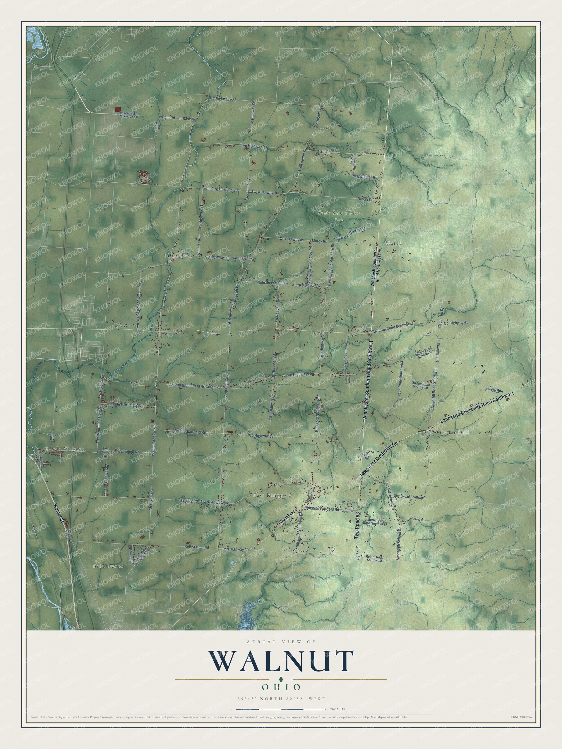 Full map of Walnut, Ohio, with red buildings, printed street names and the land around them