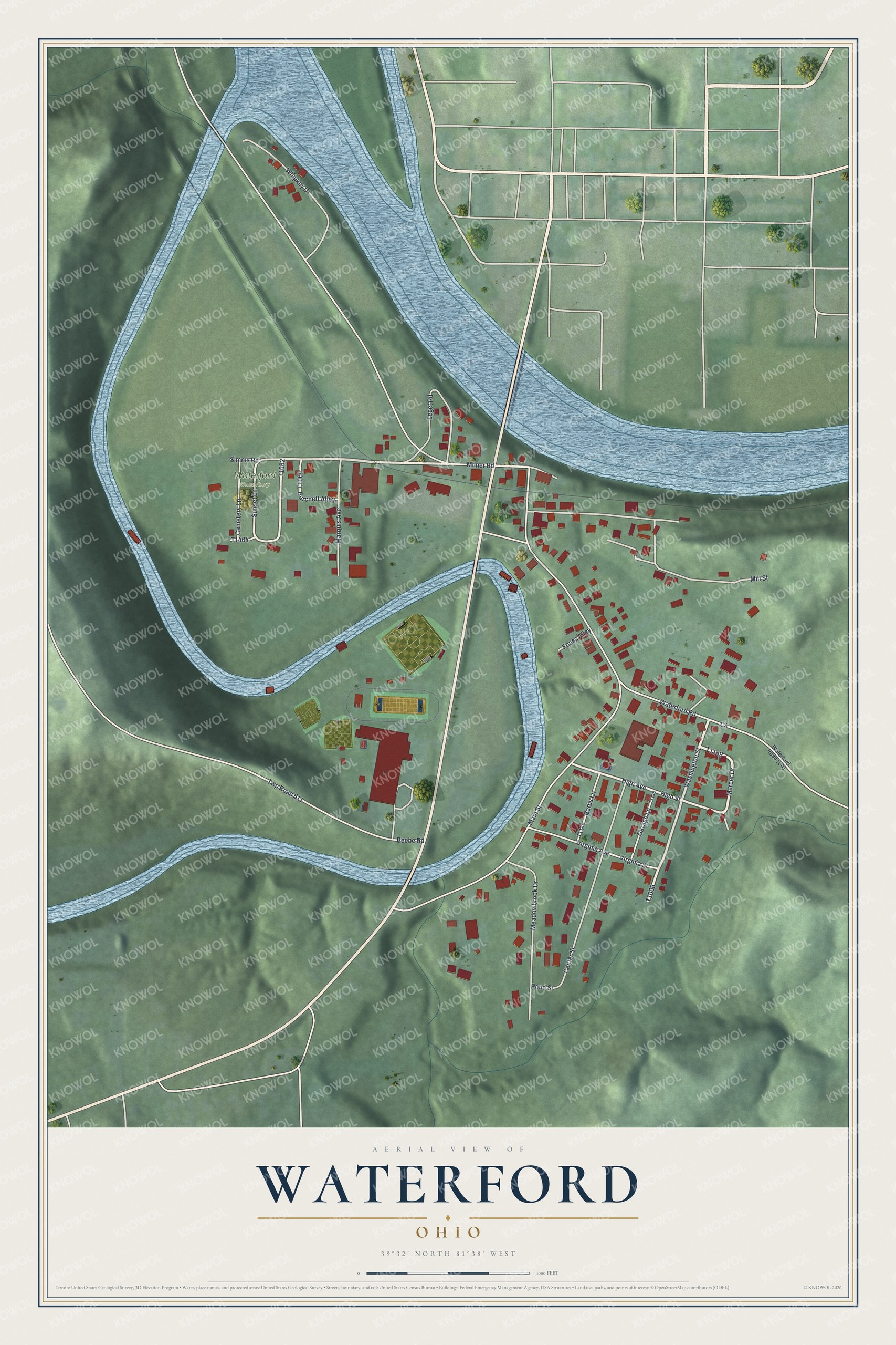 Full map of Waterford, Ohio, with red buildings, printed street names and the land around them