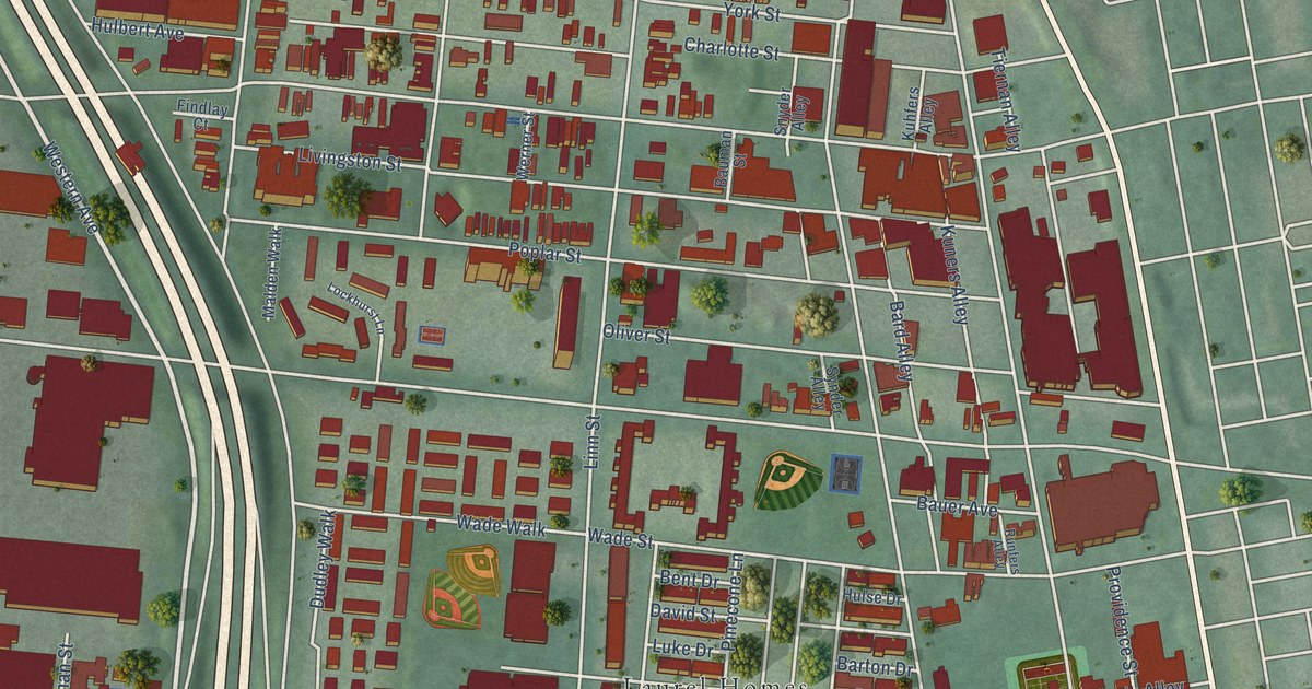 Close-up of streets and buildings in West End, Ohio