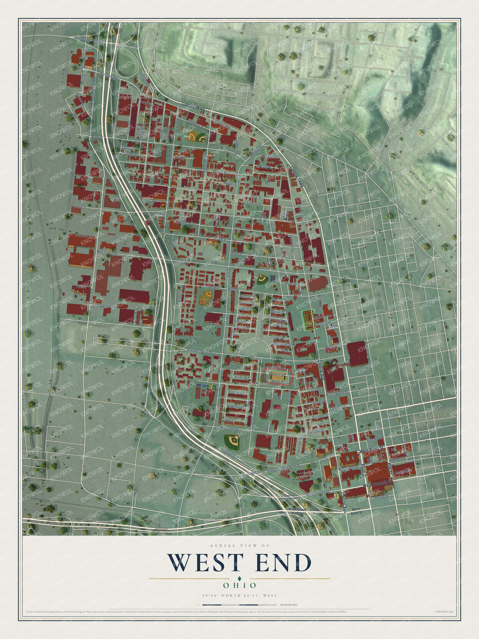 Full map of West End, Ohio, with red buildings, printed street names and the land around them