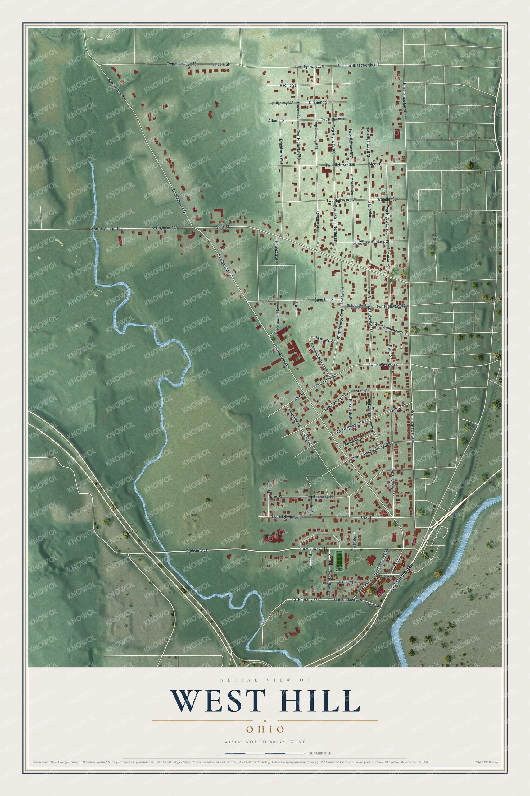 Full map of West Hill, Ohio, with red buildings, printed street names and the land around them