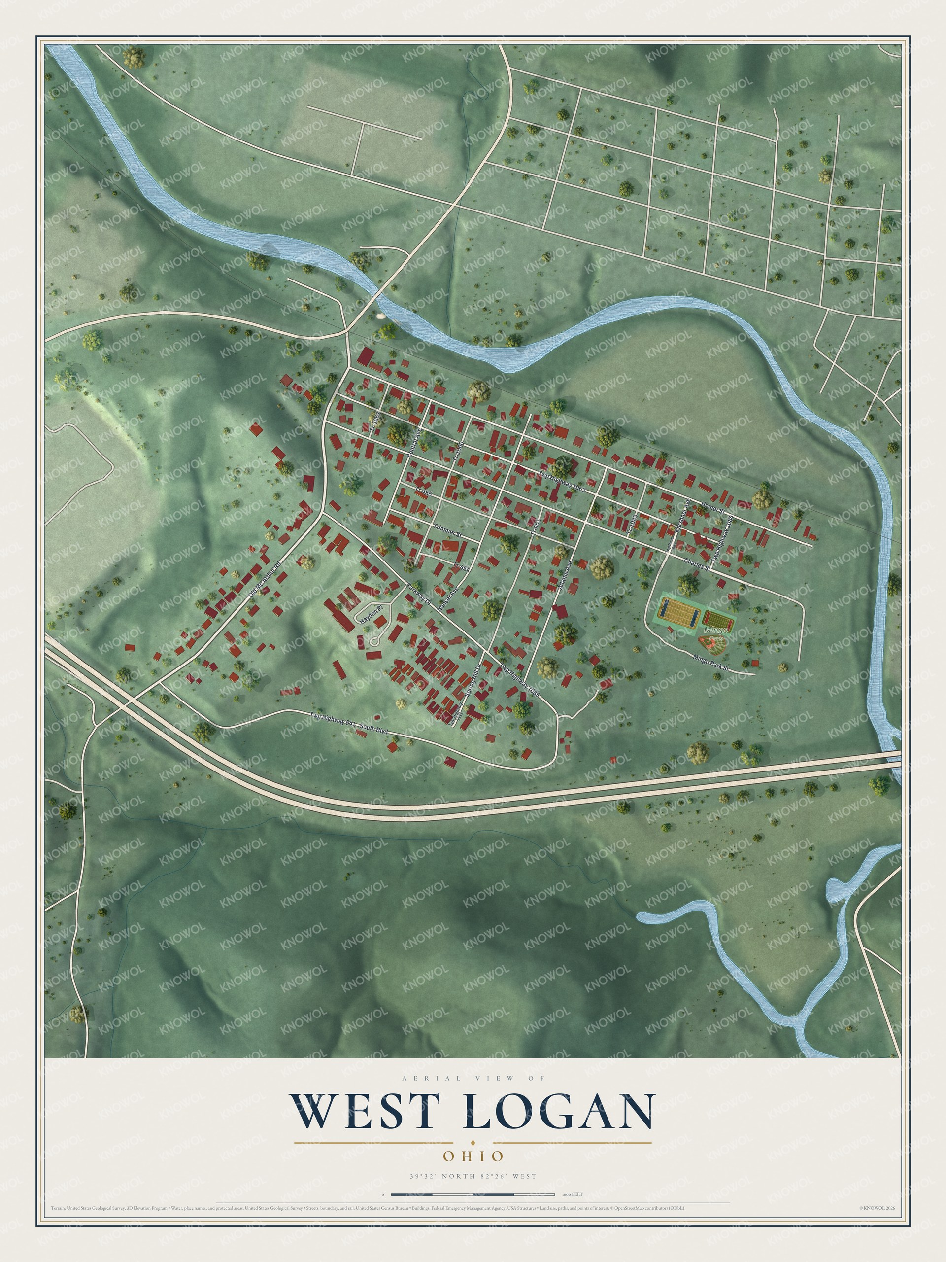 Full map of West Logan, Ohio, with red buildings, printed street names and the land around them