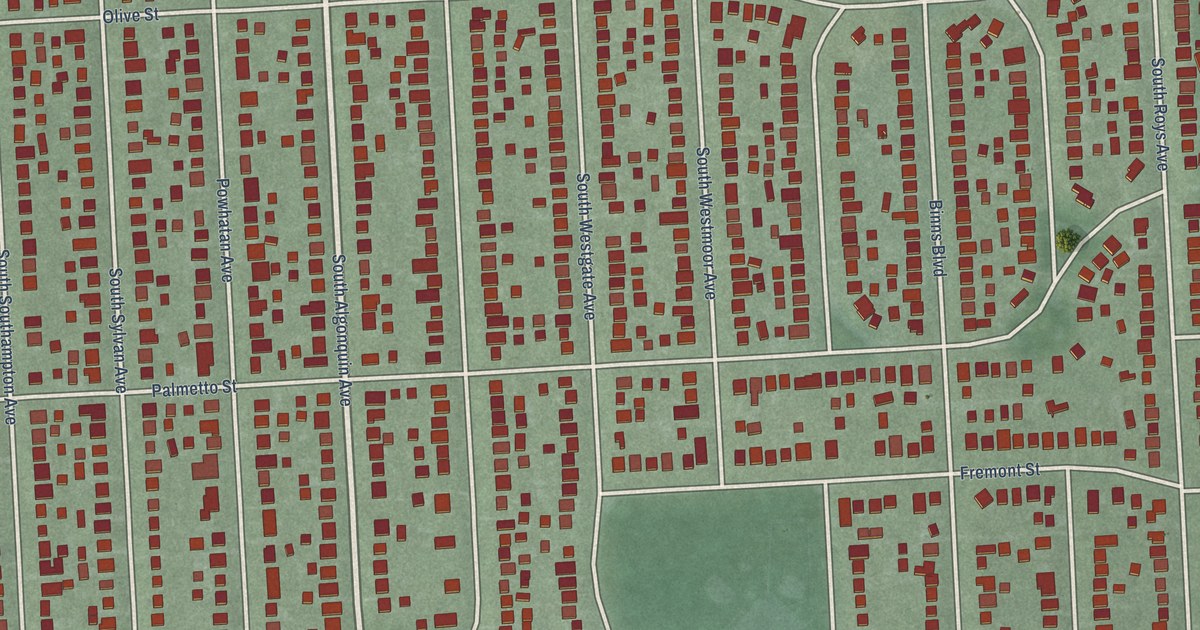 Close-up of streets and buildings in Westgate, Ohio