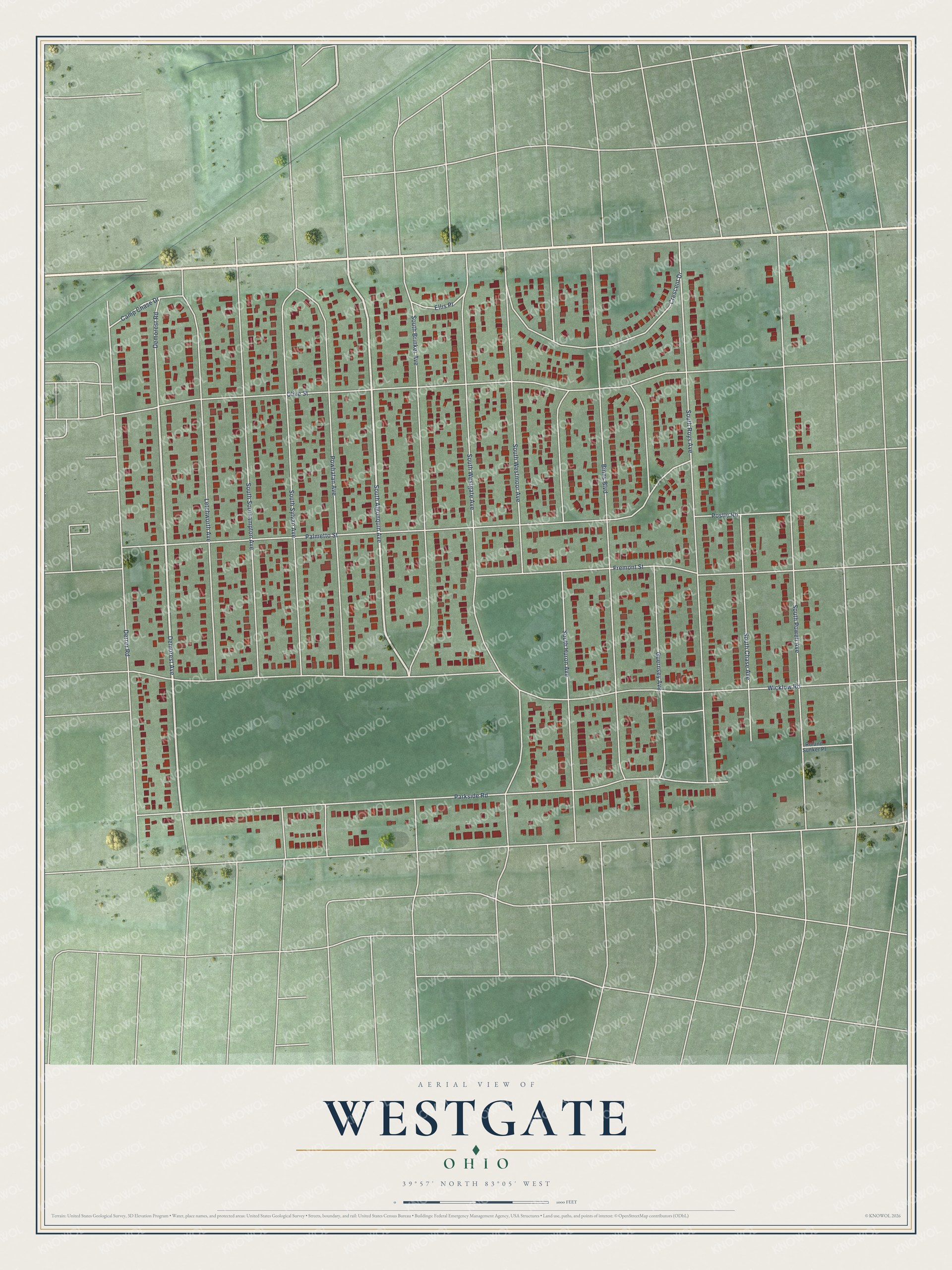 Full map of Westgate, Ohio, with red buildings, printed street names and the land around them