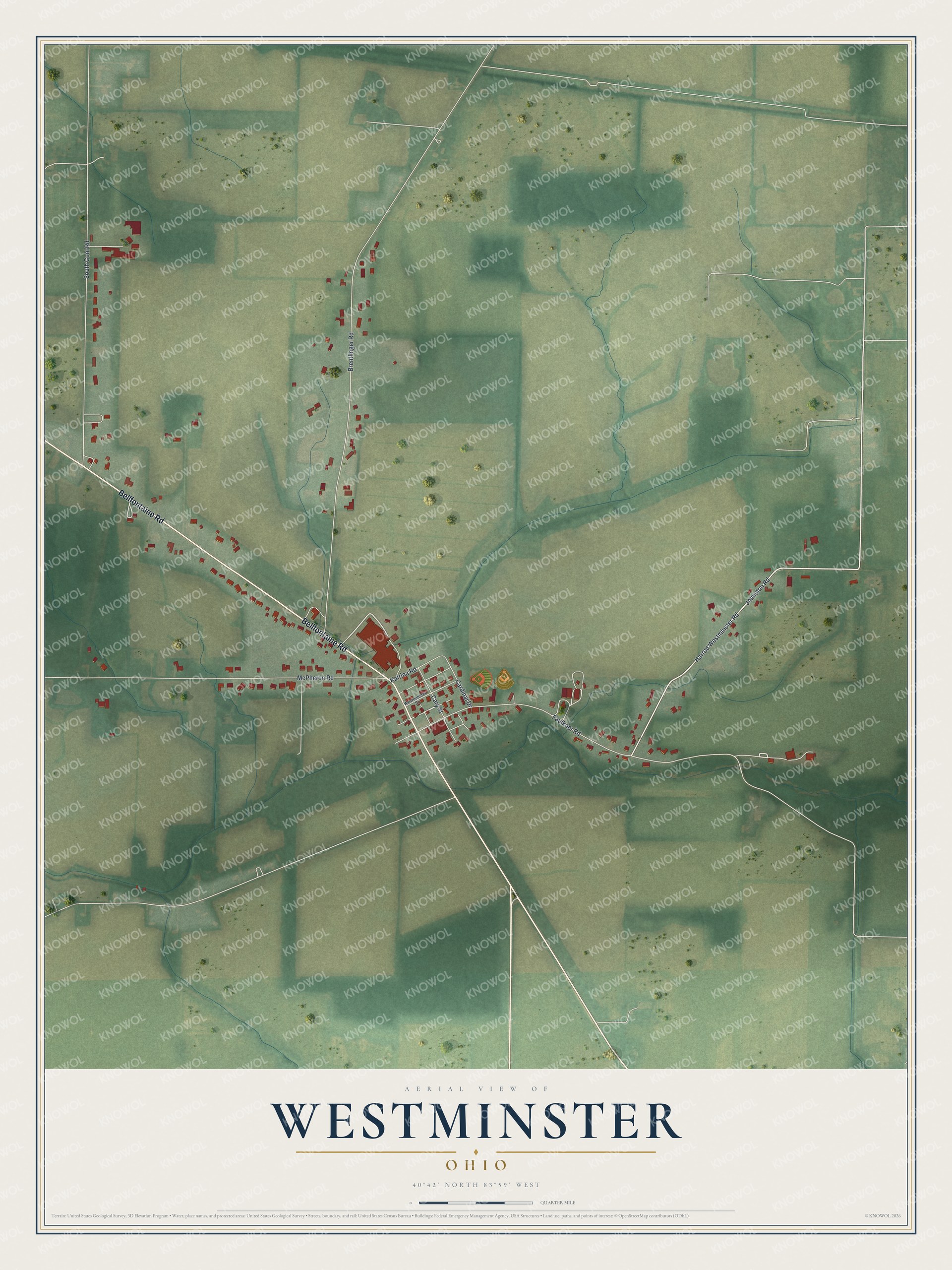 Full map of Westminster, Ohio, with red buildings, printed street names and the land around them