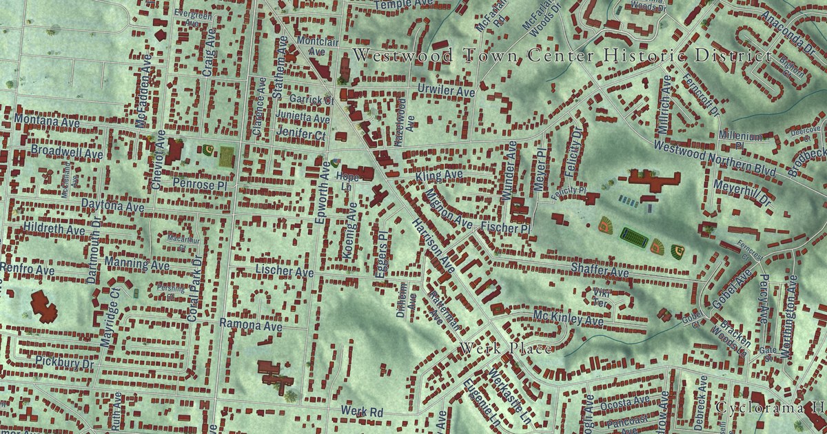 Close-up of streets and buildings in Westwood, Ohio