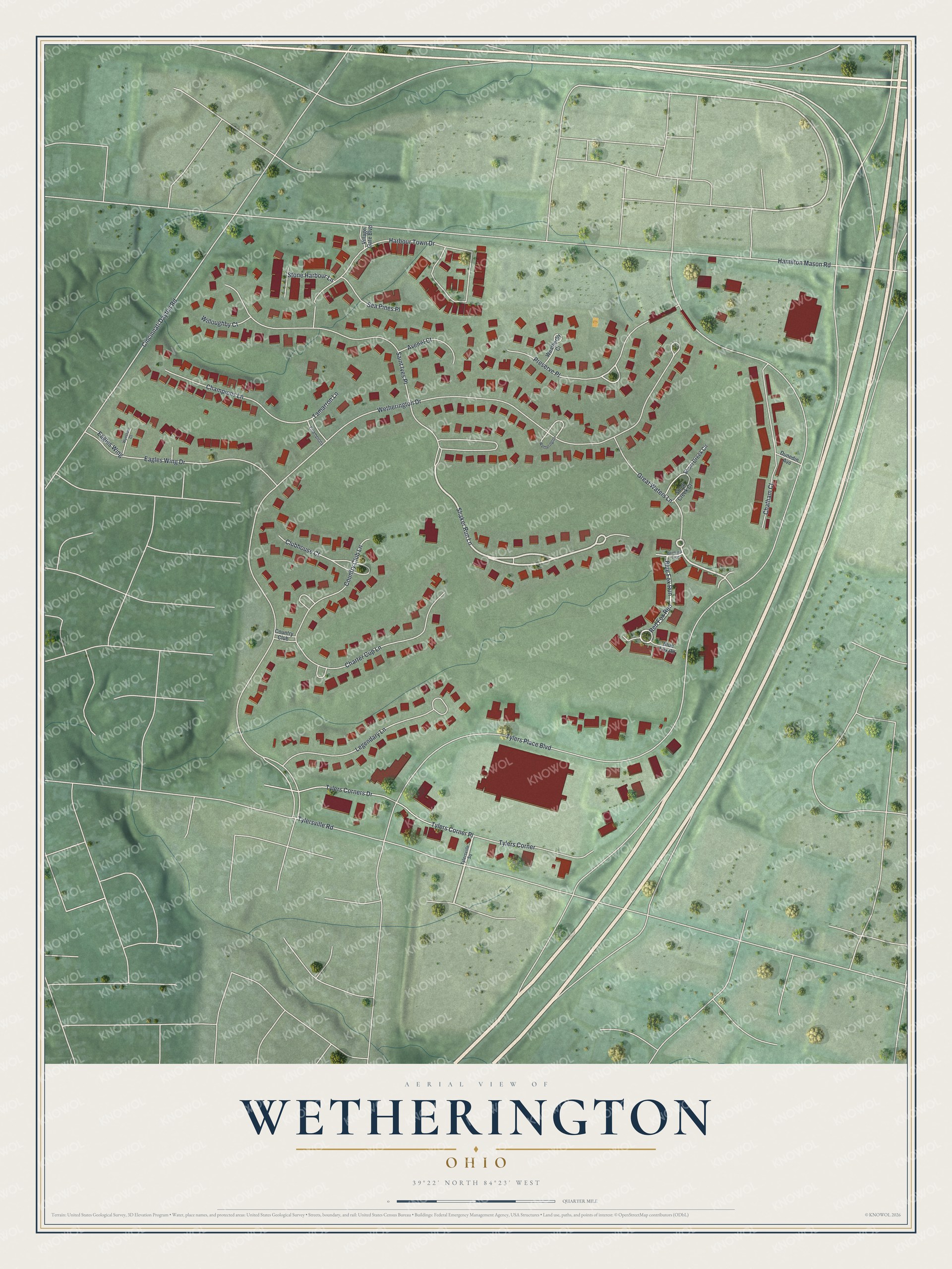 Full map of Wetherington, Ohio, with red buildings, printed street names and the land around them