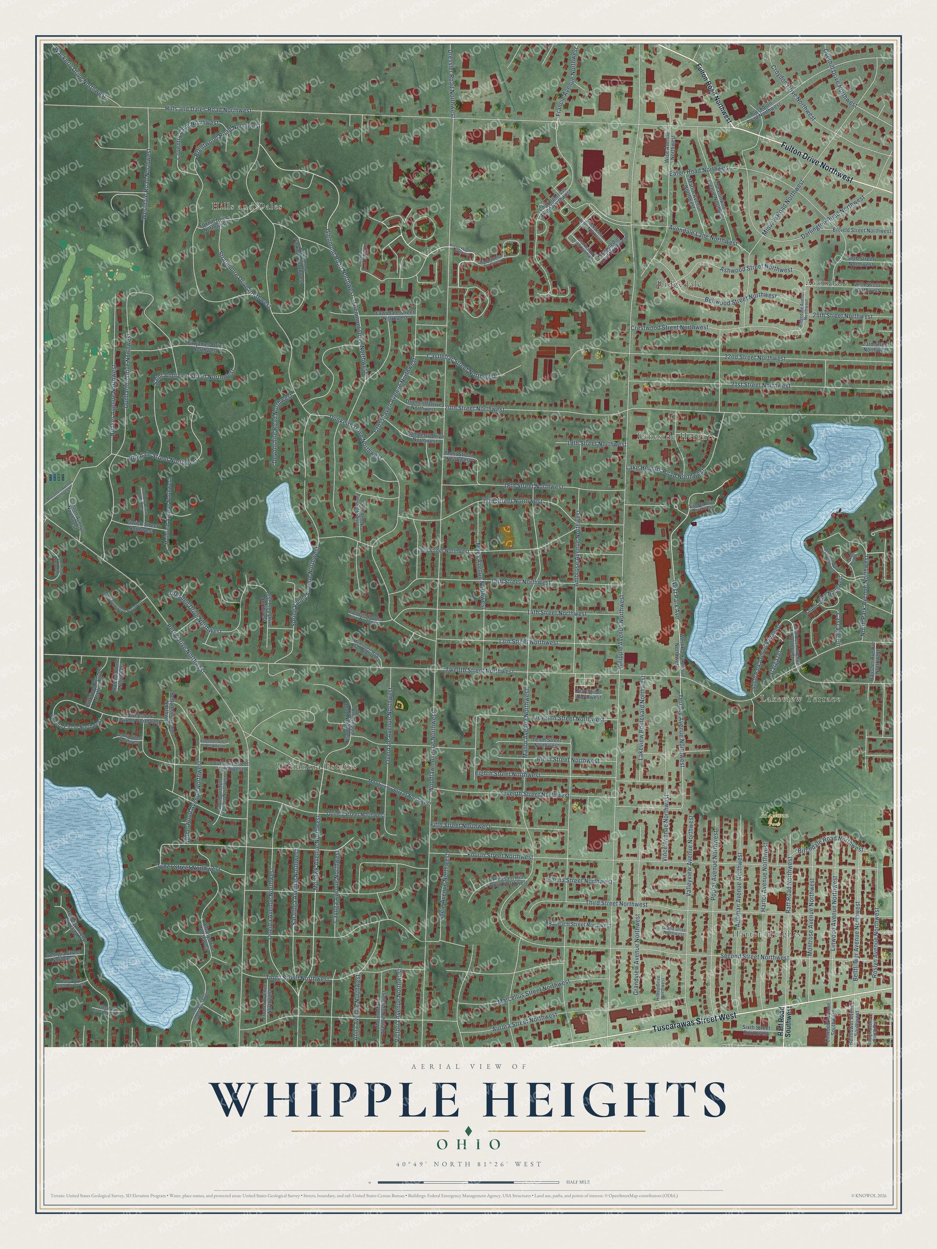 Full map of Whipple Heights, Ohio, with red buildings, printed street names and the land around them