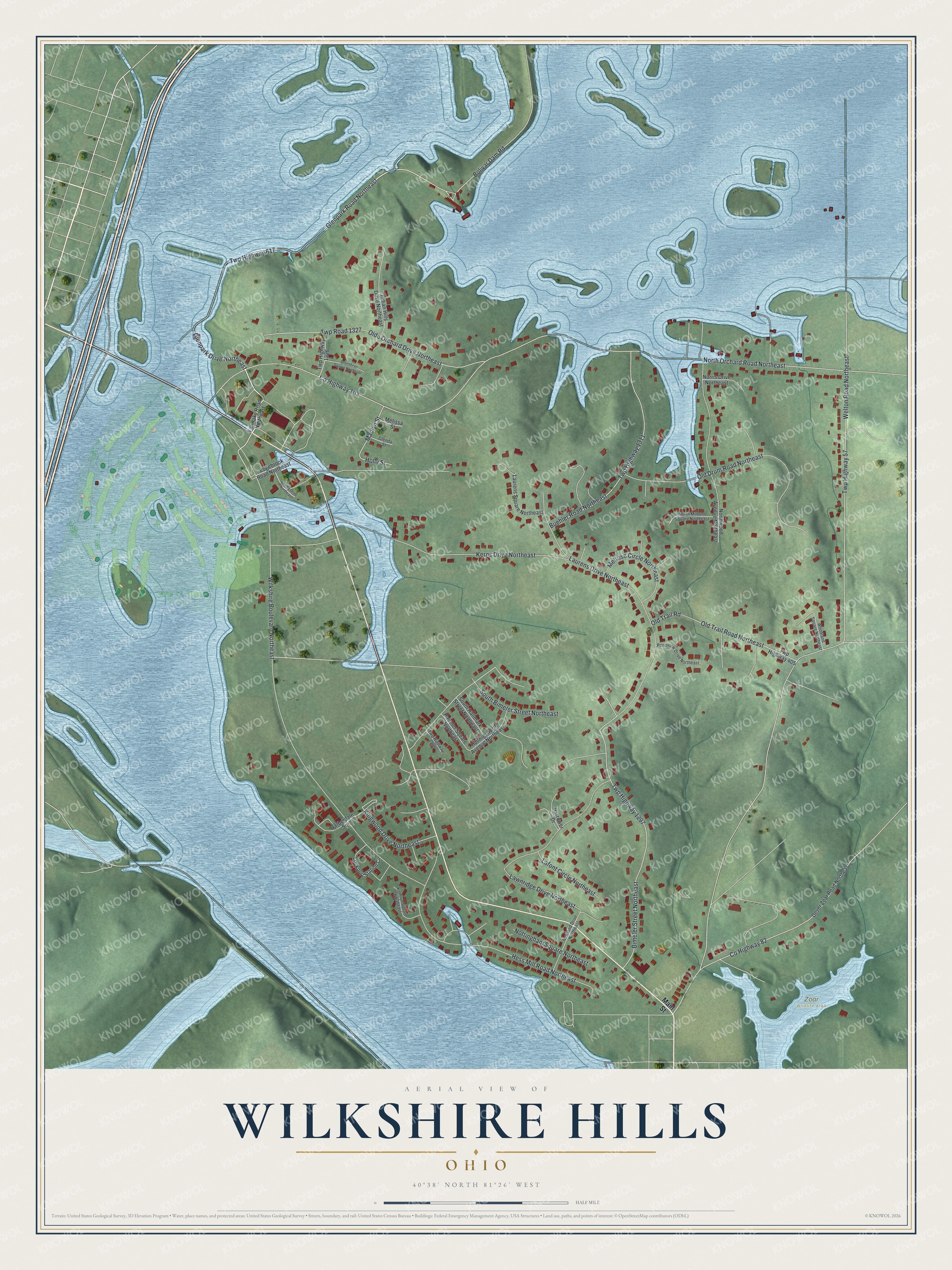Full map of Wilkshire Hills, Ohio, with red buildings, printed street names and the land around them