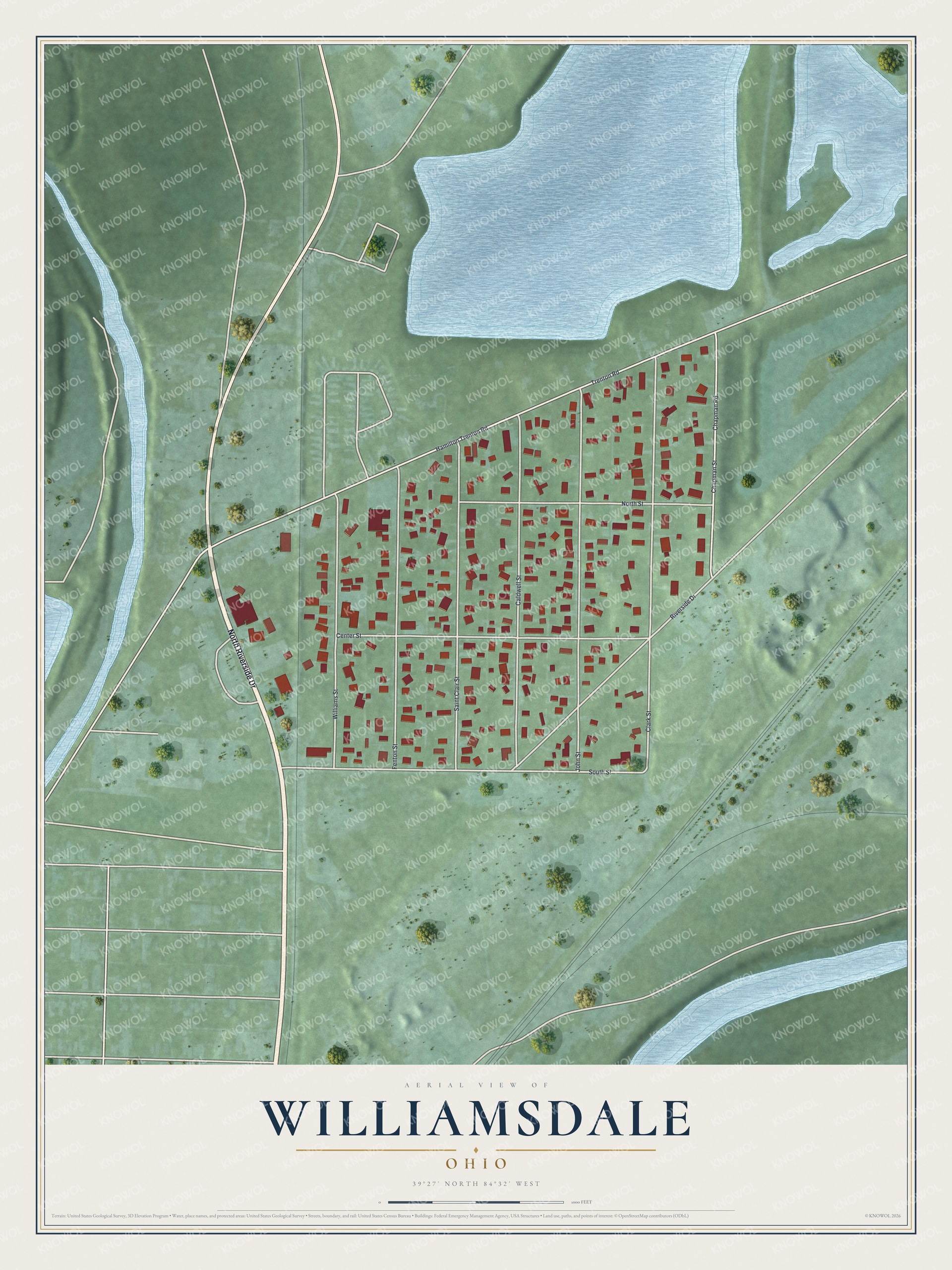 Full map of Williamsdale, Ohio, with red buildings, printed street names and the land around them