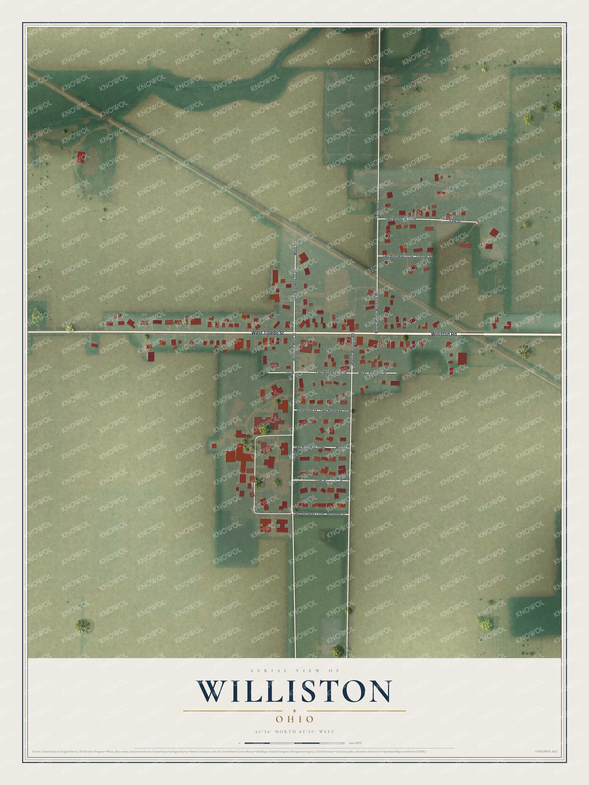 Full map of Williston, Ohio, with red buildings, printed street names and the land around them