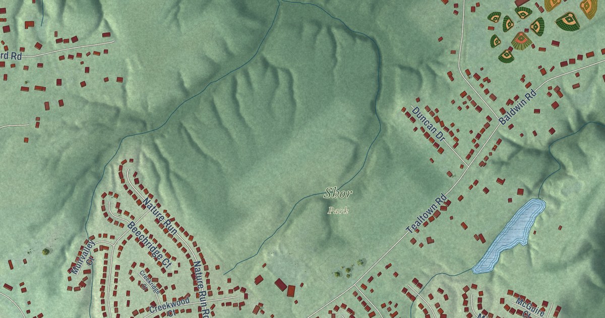 Close-up of streets and buildings in Willowville, Ohio