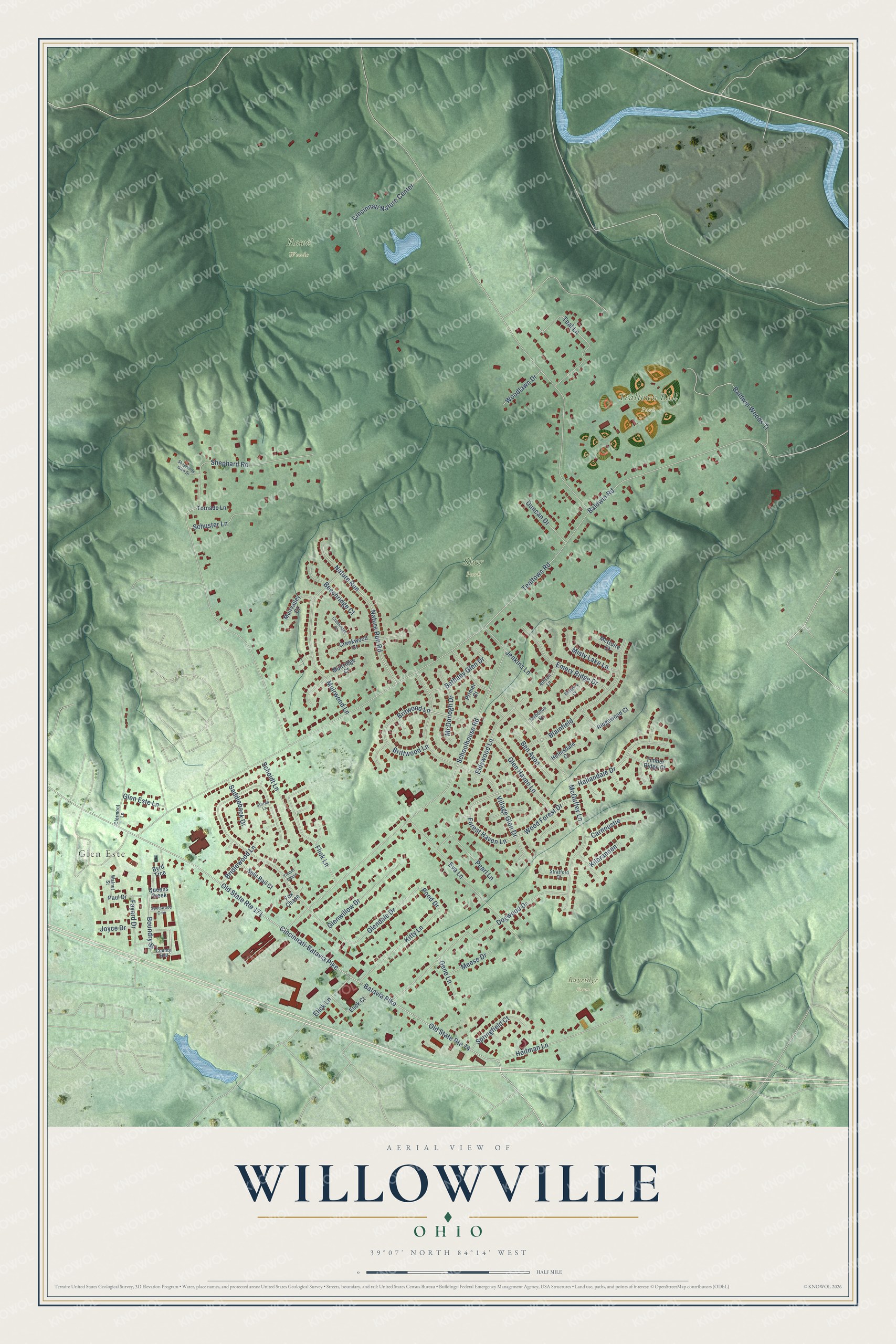 Full map of Willowville, Ohio, with red buildings, printed street names and the land around them