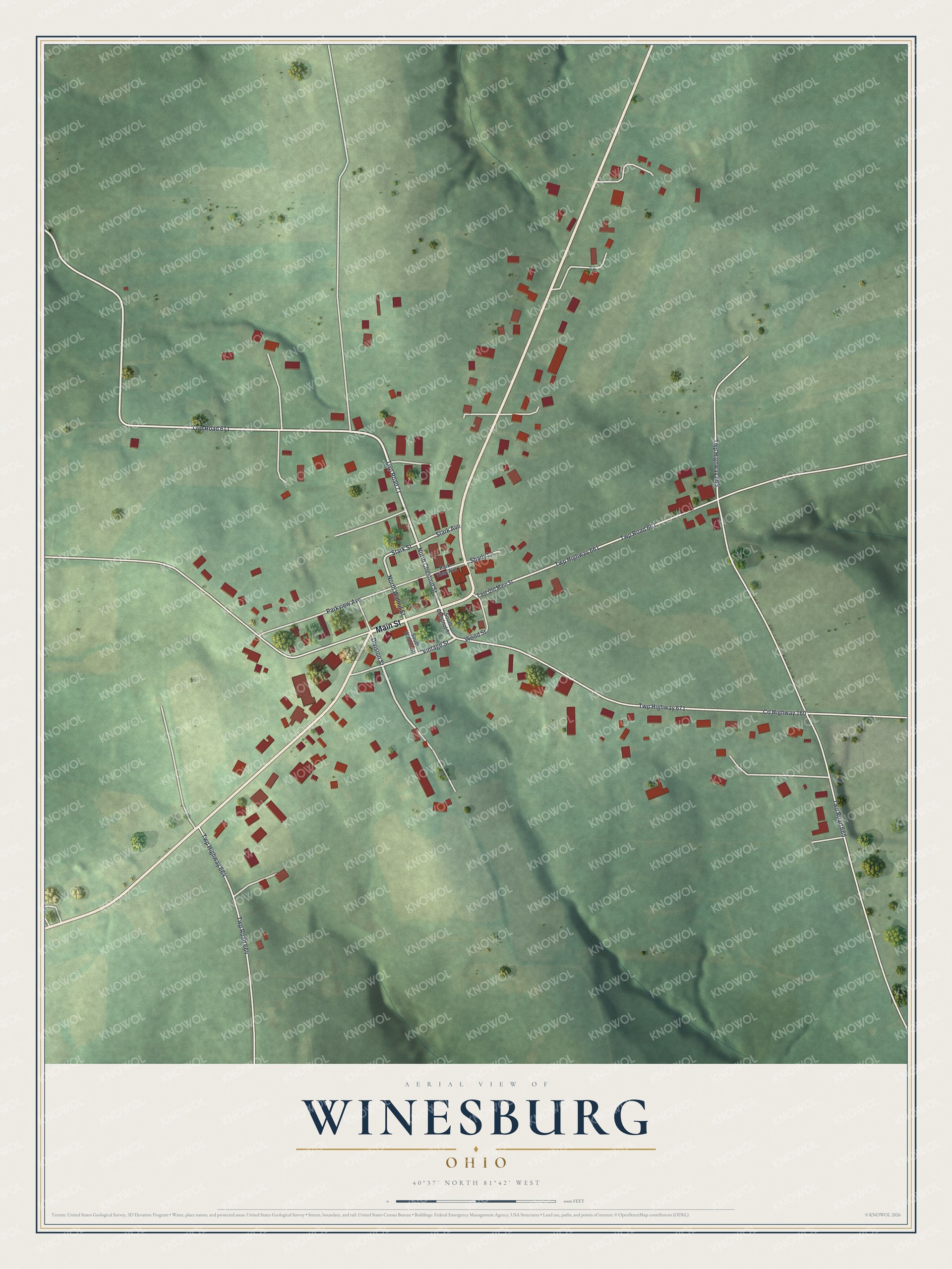 Full map of Winesburg, Ohio, with red buildings, printed street names and the land around them